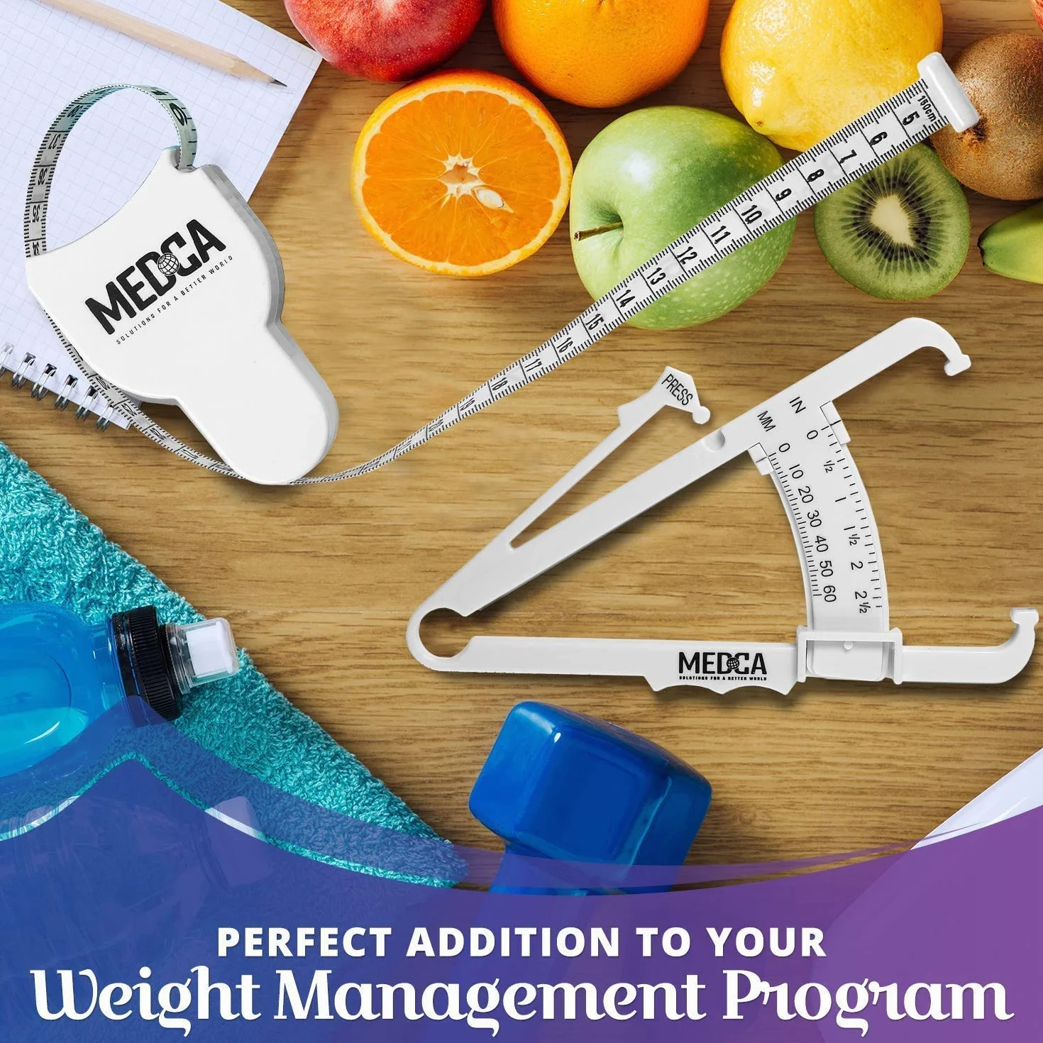 Body Tape Measure and Skinfold Caliper for Body Set - (Pack of 2) - Skin Fold Body Fat Analyzer and BMI Measurement Tool, White by MEDca