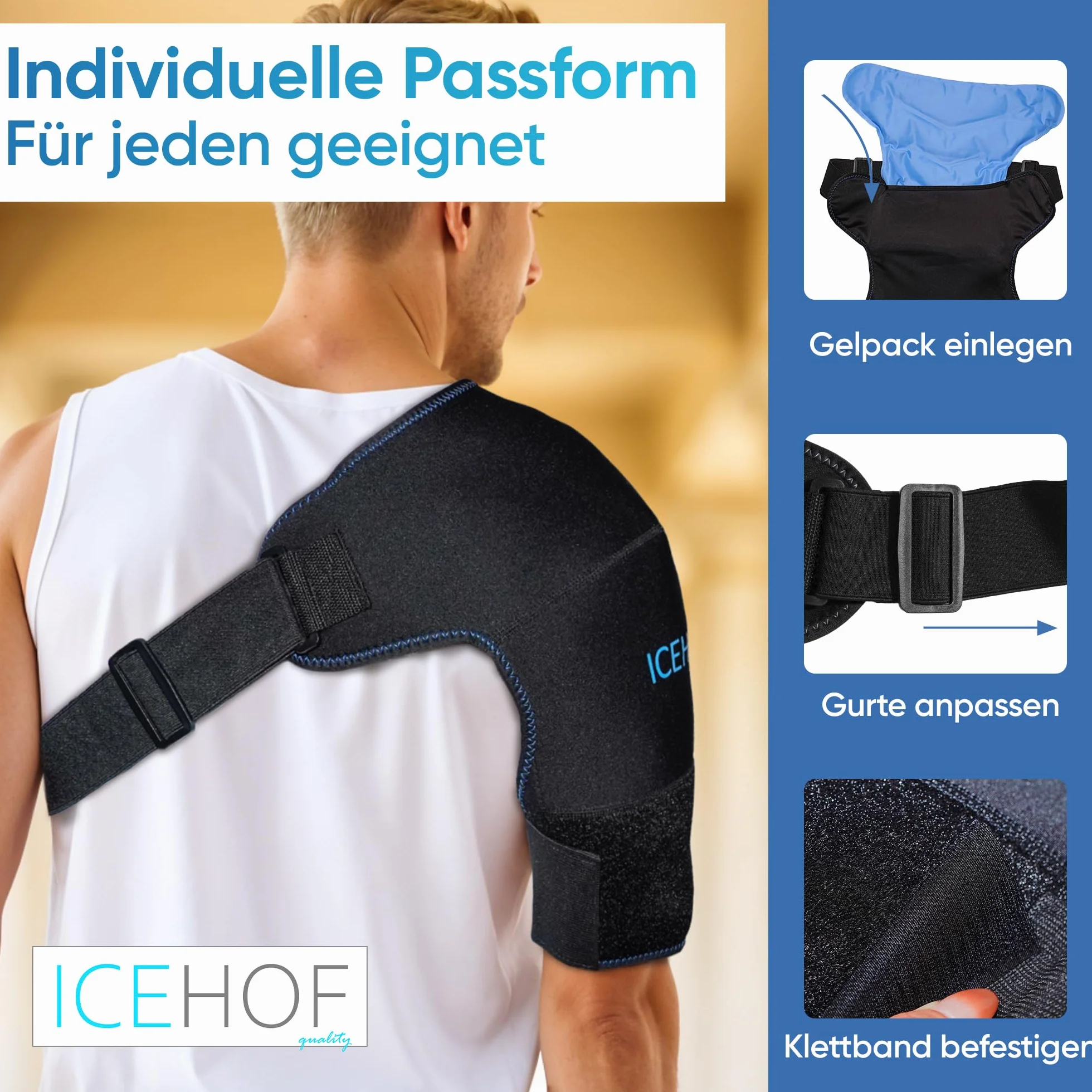 ICEHOF Bandaż na ramię z kompresem chłodzącym – podkładka chłodząca na ramiona – mankiet chłodzący dla mężczyzn i kobiet – bandaż chłodzący na ramię, chłodny pasek na ramię, chłodzące podkładki