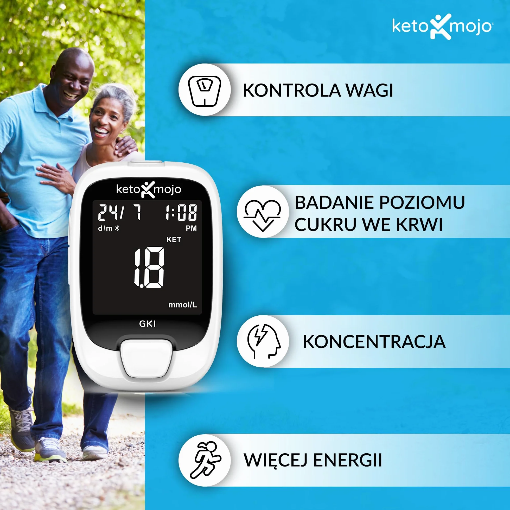 KETO-MOJO GKI Zestaw do pomiaru glukozy i ketonów Bluetooth (mg/dl) + bezpłatna aplikacja do monitorowania ketozy i cukrzycy – 20 pasków testowych (po 10), urządzenie pomiarowe, 20 igieł, urządzenie