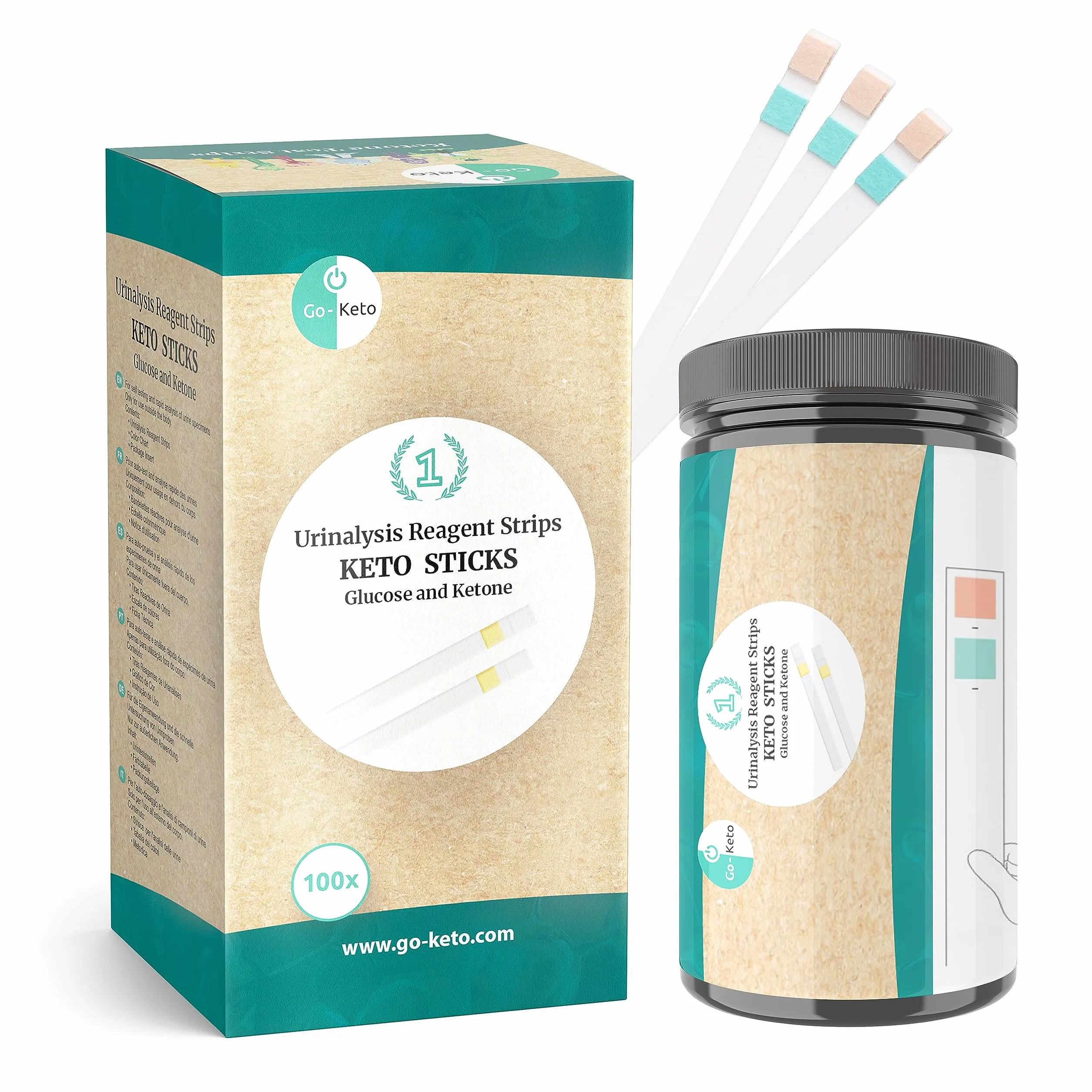 Go-Keto Keto Sticks 100 sztuk - Paski testowe do badania moczu na glukozę + ketony do łatwego pomiaru w domu, idealne jako uzupełnienie diety keto.