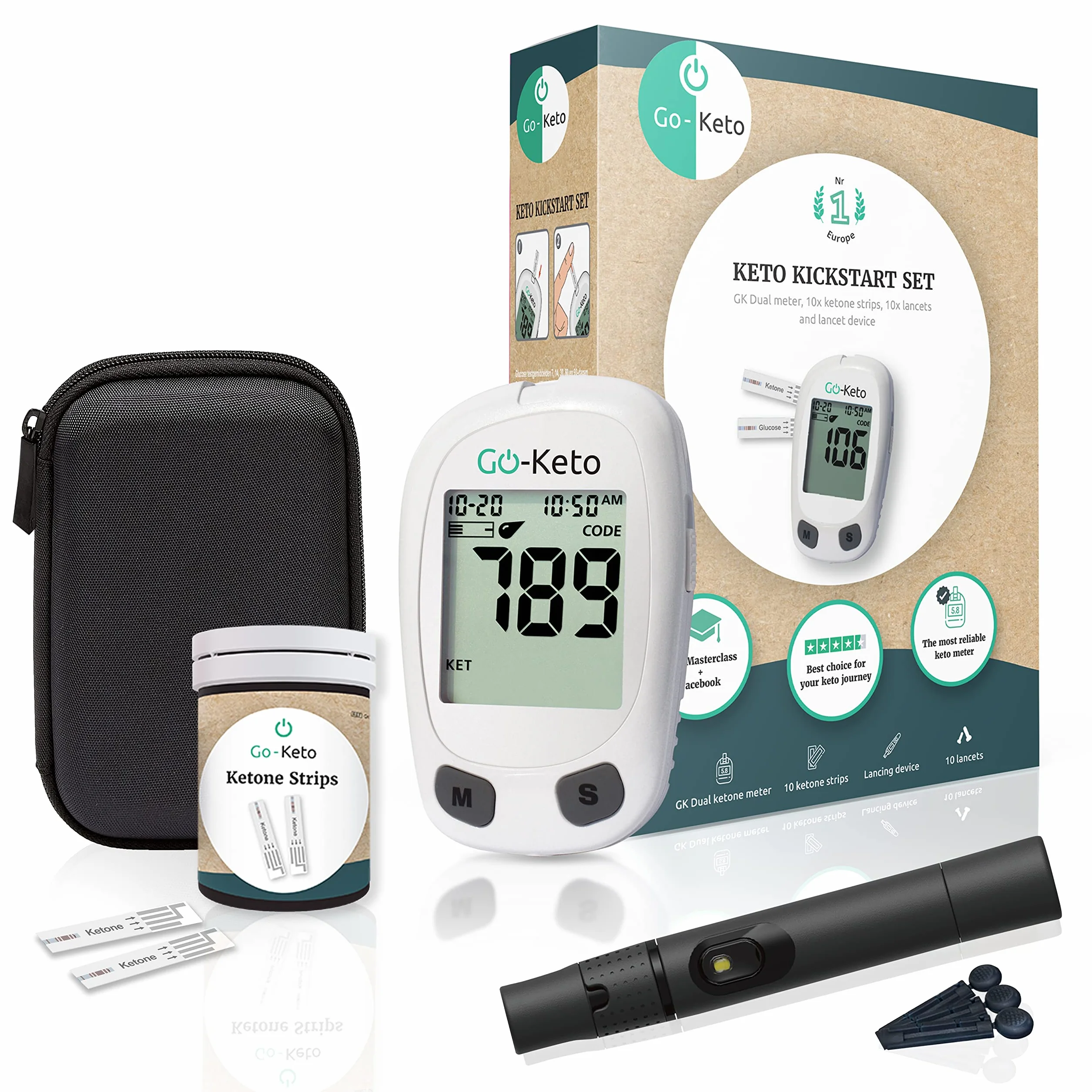 Go-Keto Keton Kickstart Set (mg/dl) - Miernik ketonowy, paski testowe ketonowe & Akcesoria w zestawie, Keto Meter dla udanej diety Keto, Keton sprawdzić w domu i na drodze