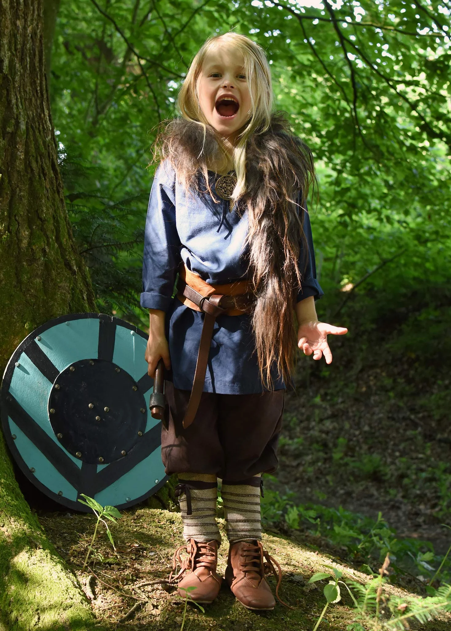 Battle-Merchant Średniowieczna chusta na łydki dla dzieci, para, ze wzorem w jodełkę, do średniowiecznych spodni lub spodni Wikingów, bawełna, owijka na nogi, Wikingowie, LARP, brązowa/naturalna