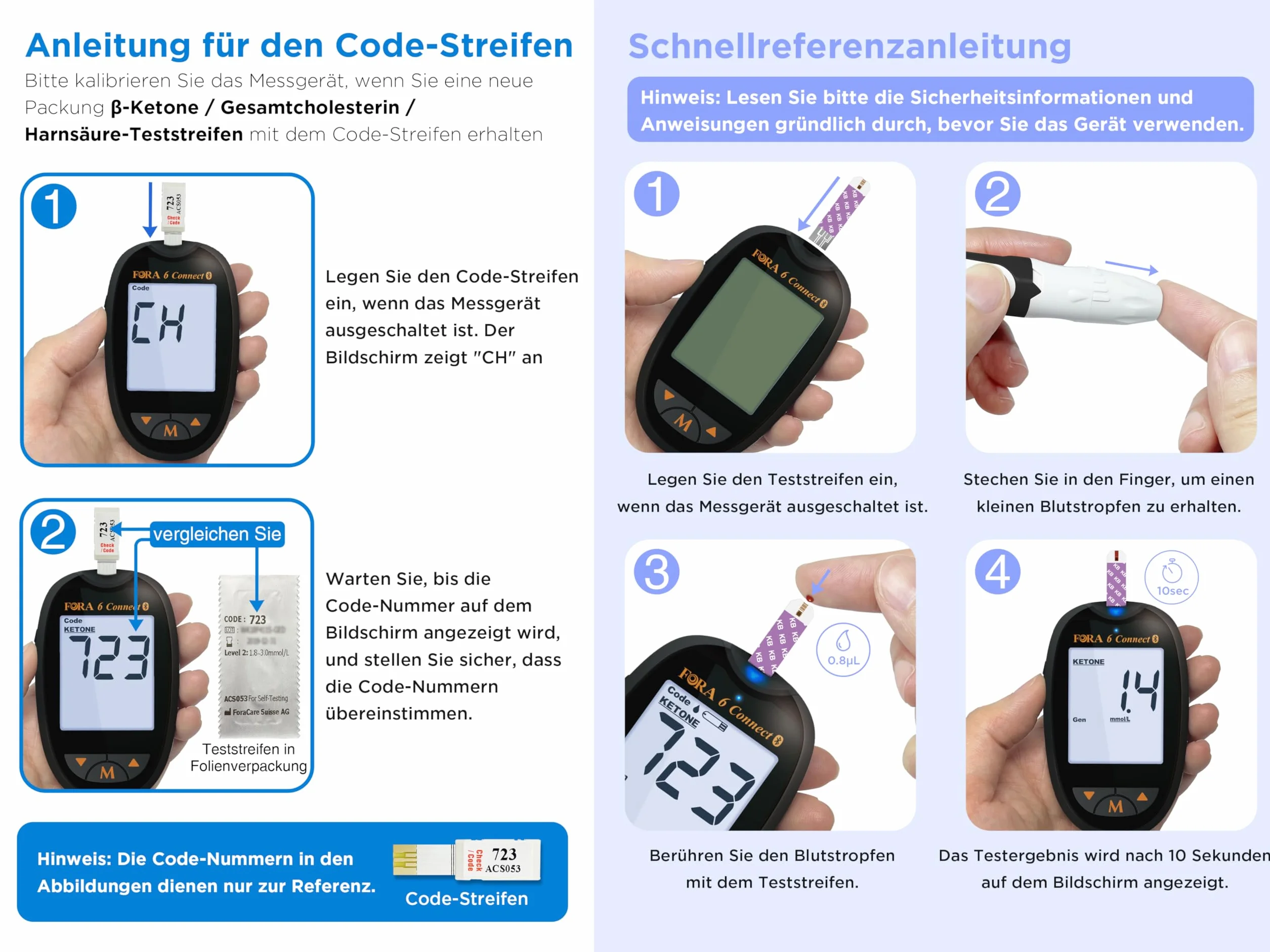 FORA 6 różnych parametrów Connect (mg/dl) i 10 pasków testowych ketonowych. Z Bluetooth i aplikacją