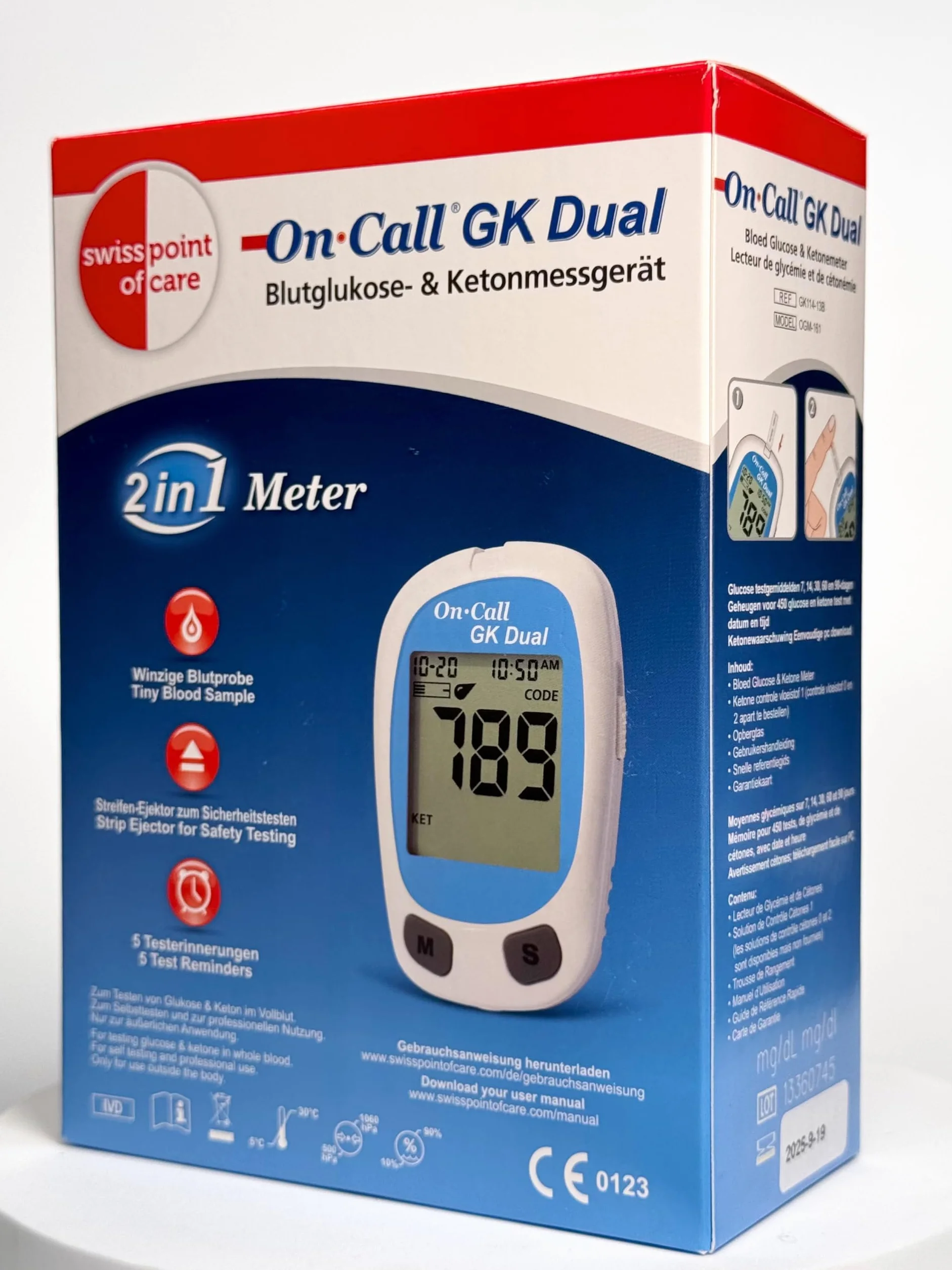 GK Dual Ketone Pack – 1 x GK podwójny miernik (mmol/l) i 1 x paski testowe ketonowe (25 sztuk) w zestawie do pomiaru ketonu; paski testowe glukozy, lancety itp. NIE wchodzą w