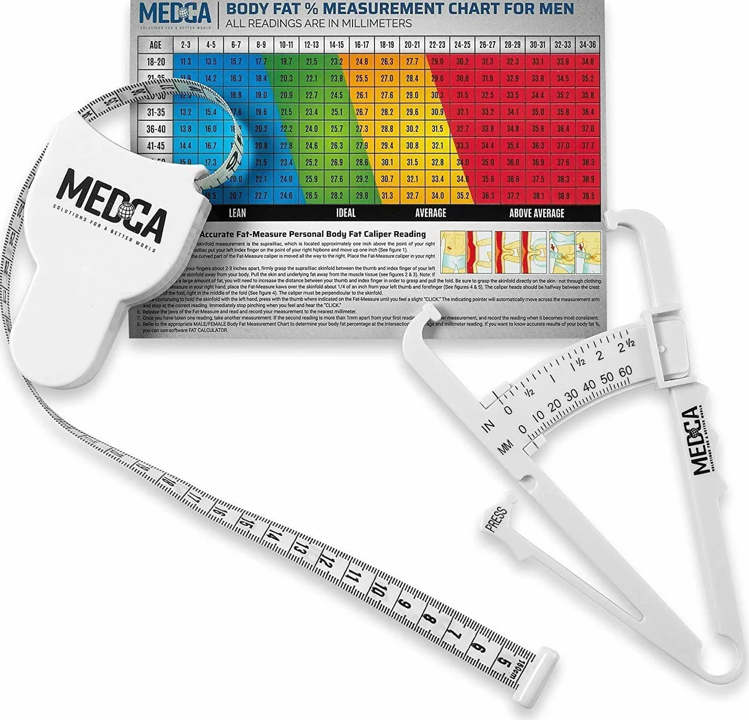 Body Tape Measure and Skinfold Caliper for Body Set - (Pack of 2) - Skin Fold Body Fat Analyzer and BMI Measurement Tool, White by MEDca