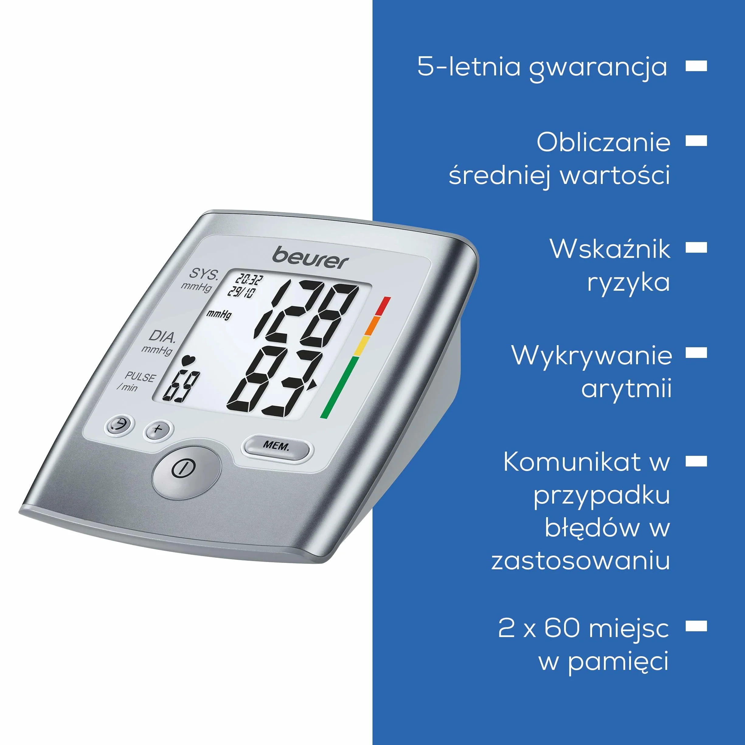 Beurer BM 35 Ciśnieniomierz naramienny, w pełni automatyczny pomiar ciśnienia krwi i pulsu, wskaźnik ryzyka i wykrywanie arytmii, urządzenie medyczne