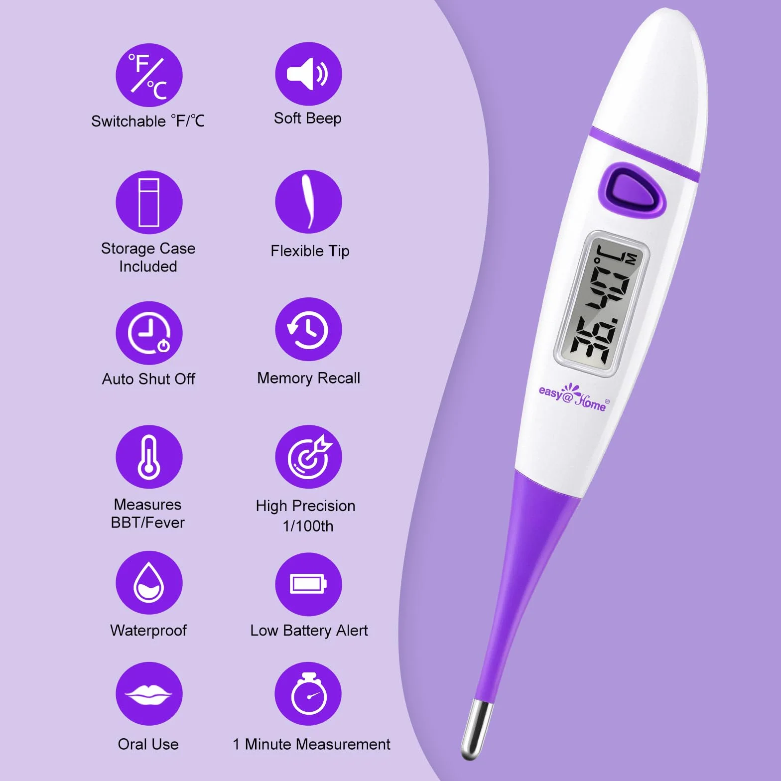 Easy@Home Termometr podstawowy do kontroli cyklu, termometr do pomiaru płodności i owulacji, z inteligentną aplikacją Premom (kolor fioletowy)