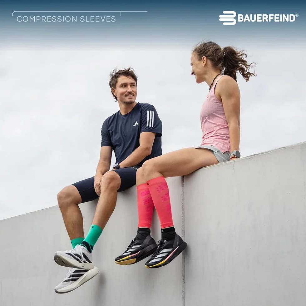 BAUERFEIND Waden Sleeves "Run Performance Compression Sleeve", 1 para bandaży na łydki z kompresją i kropkami 3D, ocieplacze na nogi