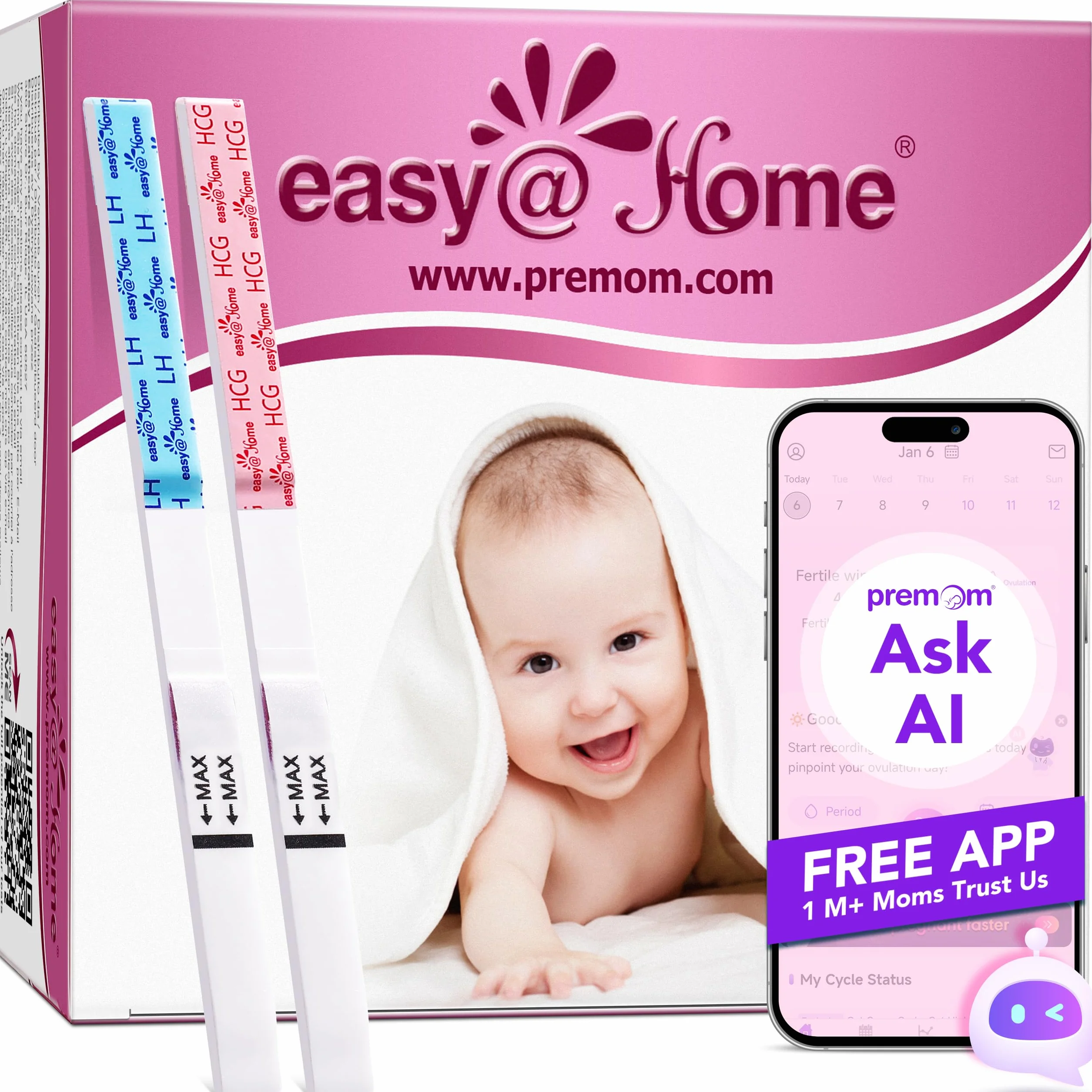 Easy@Home Test owulacyjny, 50 pasków testowych LH 25 mIU/ml, 20 testów ciążowych 10 mIU/ml – precyzyjny monitoring płodności z aplikacją Premom