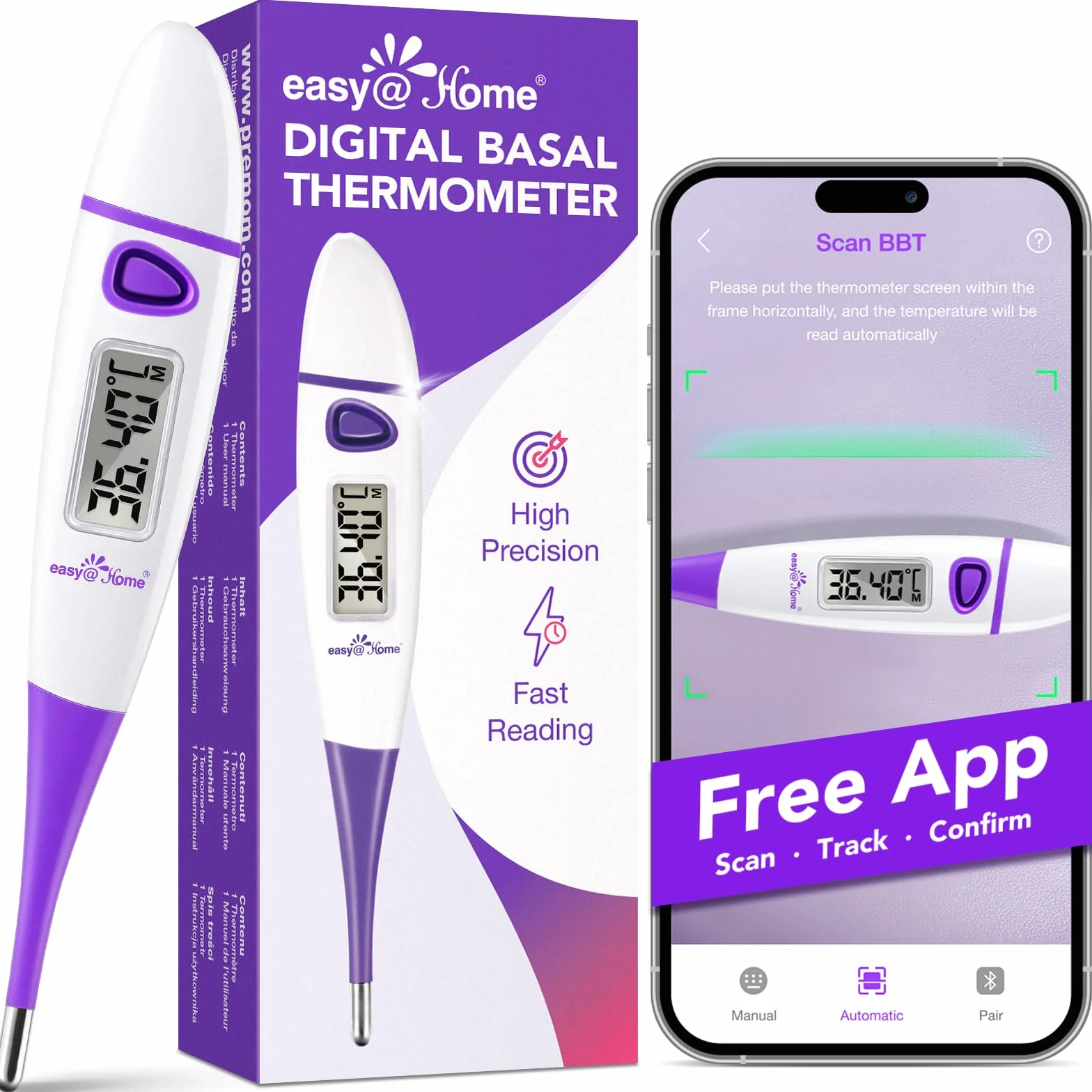 Easy@Home Termometr podstawowy do kontroli cyklu, termometr do pomiaru płodności i owulacji, z inteligentną aplikacją Premom (kolor fioletowy)