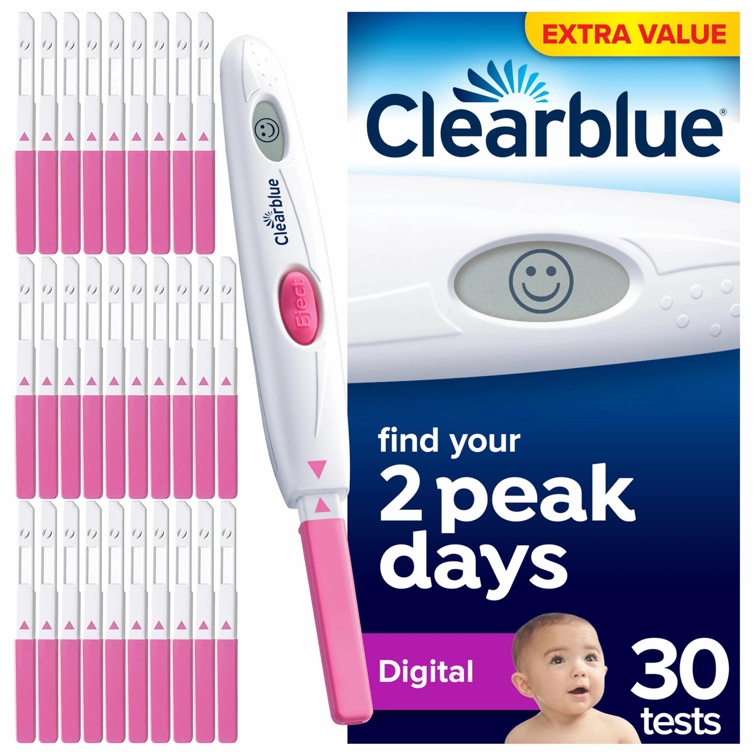 Clearblue Cyfrowy zestaw do testowania owulacji (OPK), znajdź swoje 2 dni szczytowe, 1 uchwyt cyfrowy i 30 testów, wypróbuj BEZPŁATNĄ aplikację Clearblue Period & Cycle Tracker