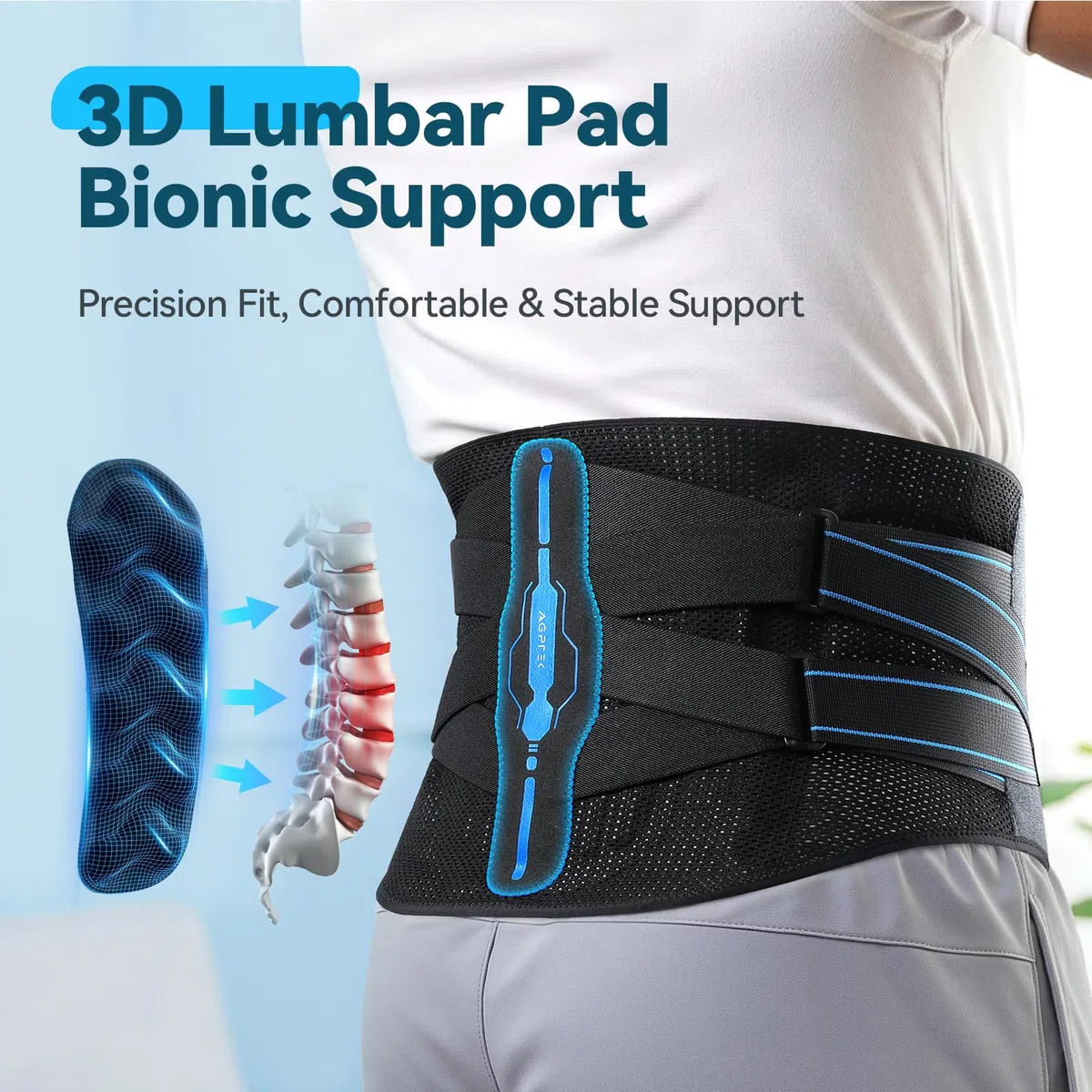 AGPTEK Pas lędźwiowy, oddychający pas podtrzymujący plecy z ergonomiczną poduszką 3D, łagodzi ból lędźwiowy, regulowany pasek z podwójnym paskiem, do uprawiania sportu, kulturystyki, mężczyzn i kobiet