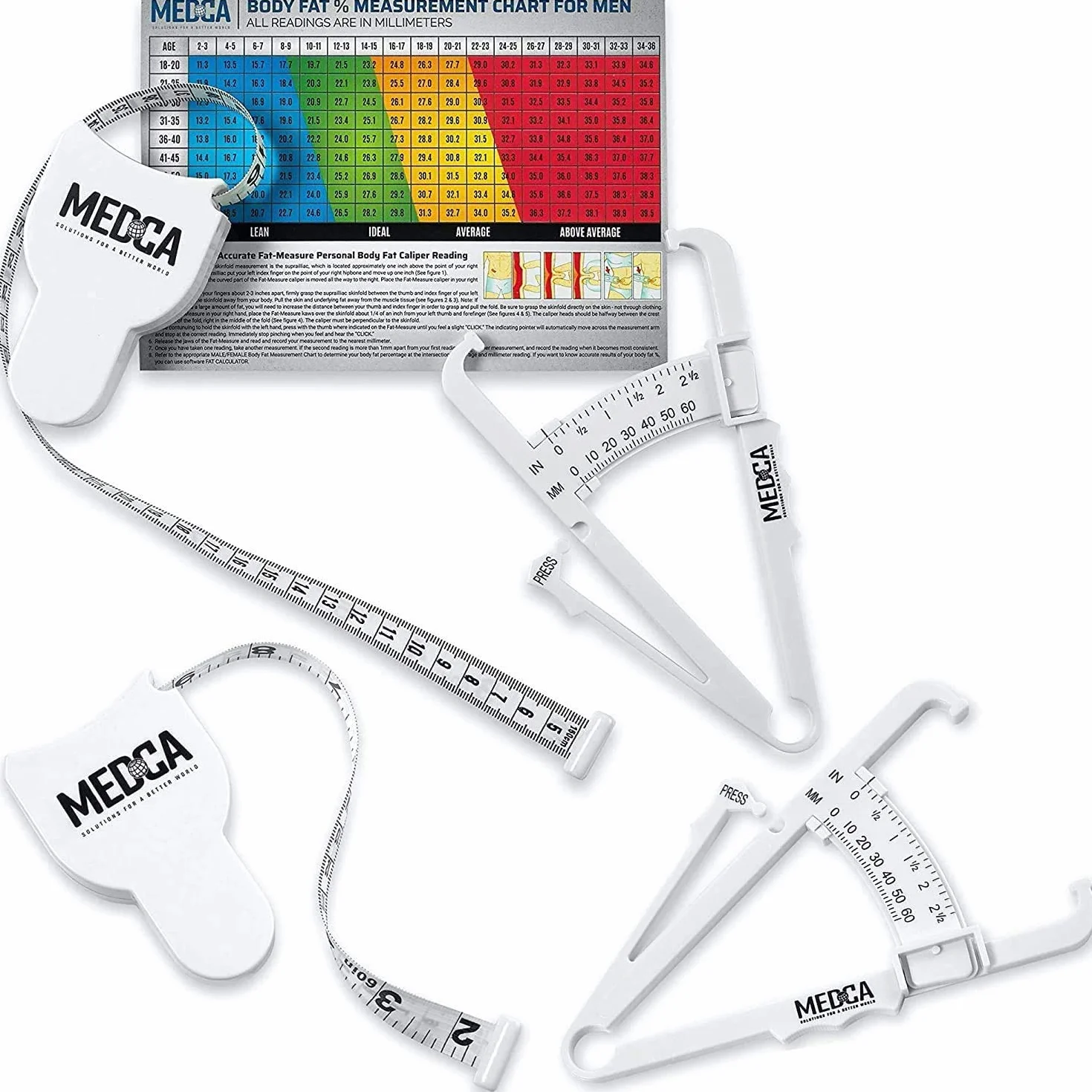 Body Tape Measure and Skinfold Caliper for Body Set - (Pack of 2) - Skin Fold Body Fat Analyzer and BMI Measurement Tool, White by MEDca