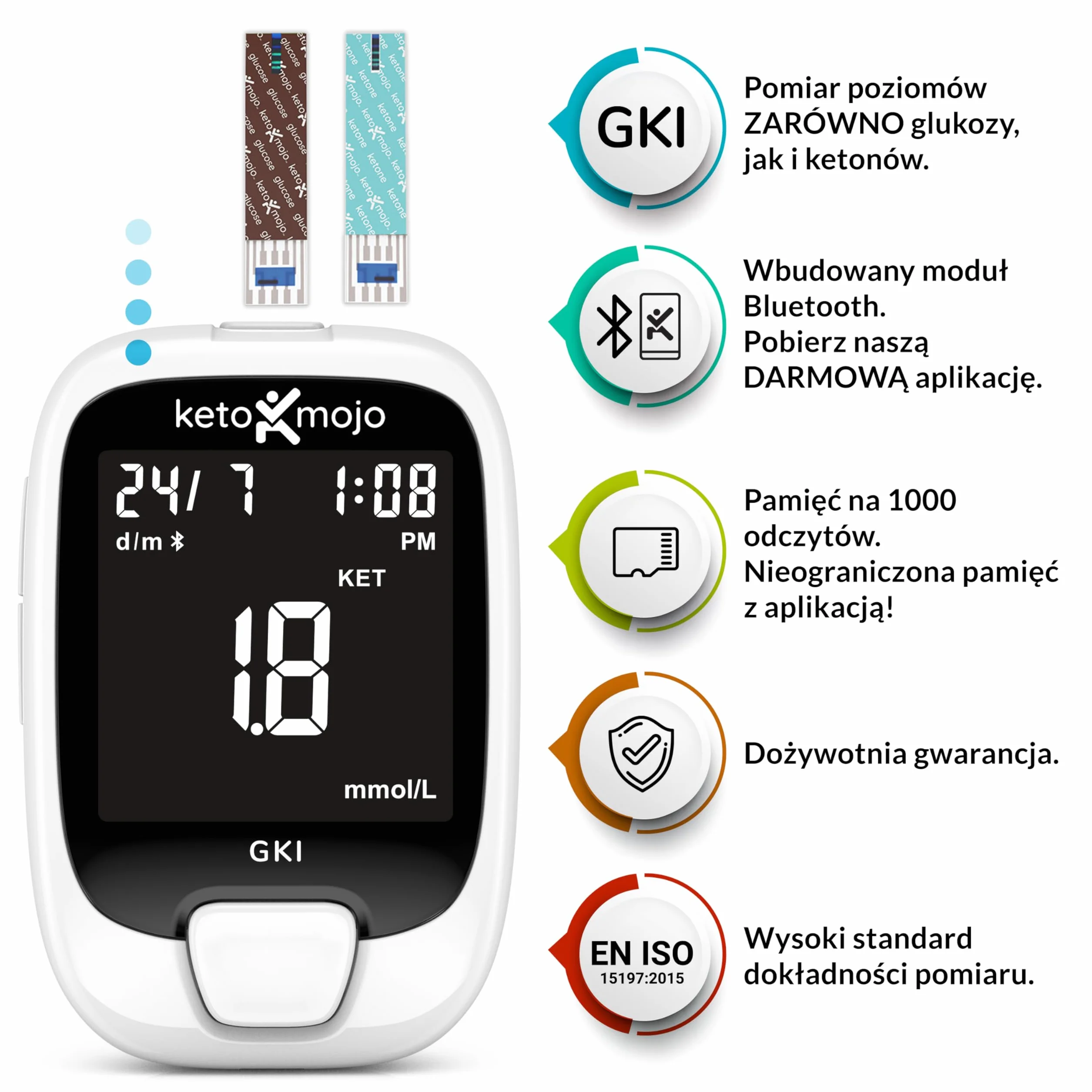 KETO-MOJO GKI Zestaw do pomiaru glukozy i ketonów Bluetooth (mg/dl) + bezpłatna aplikacja do monitorowania ketozy i cukrzycy – 20 pasków testowych (po 10), urządzenie pomiarowe, 20 igieł, urządzenie