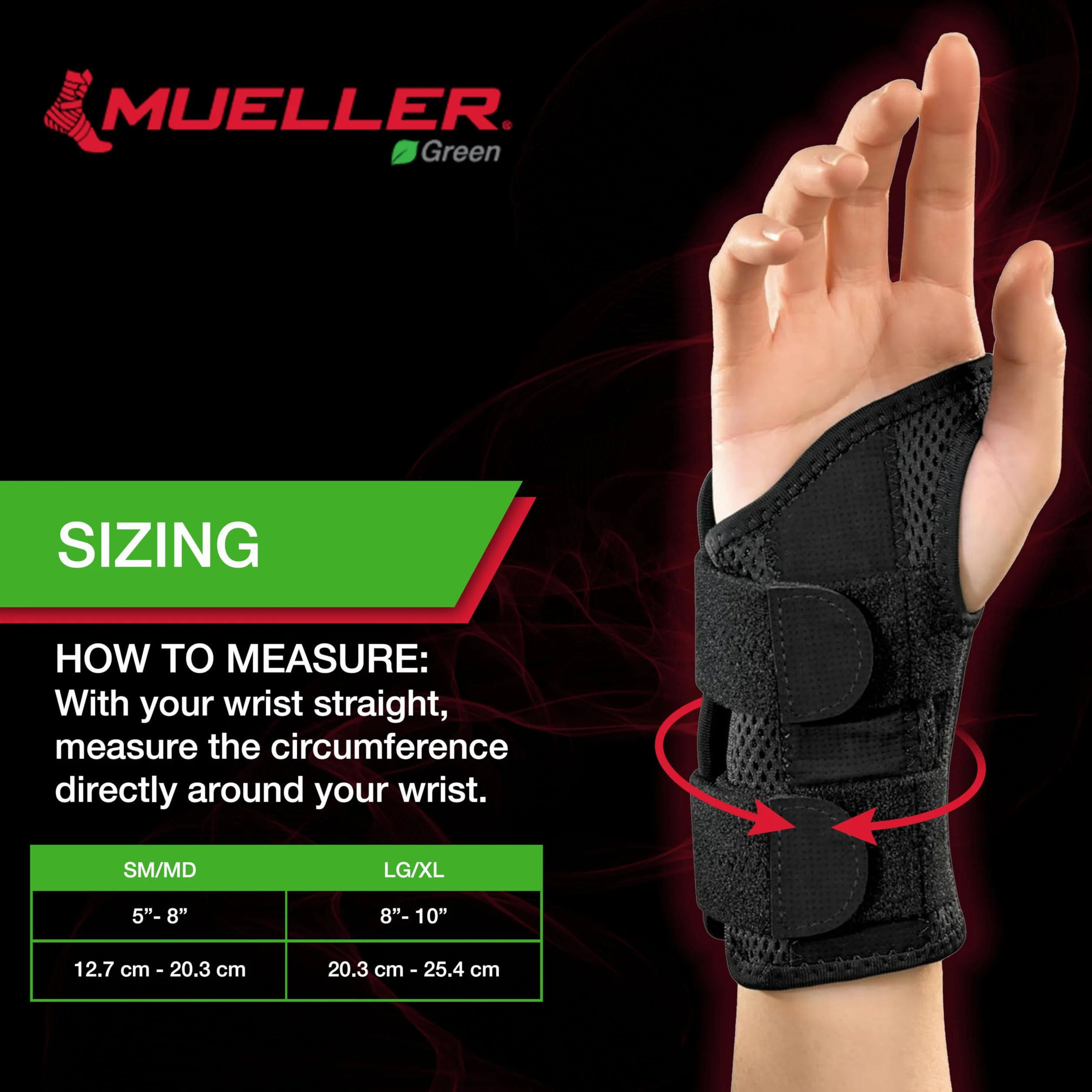 Mueller Greenline Fitted Wrist Brace, bandaż na nadgarstek, czarny, rozmiar S/M po prawej stronie