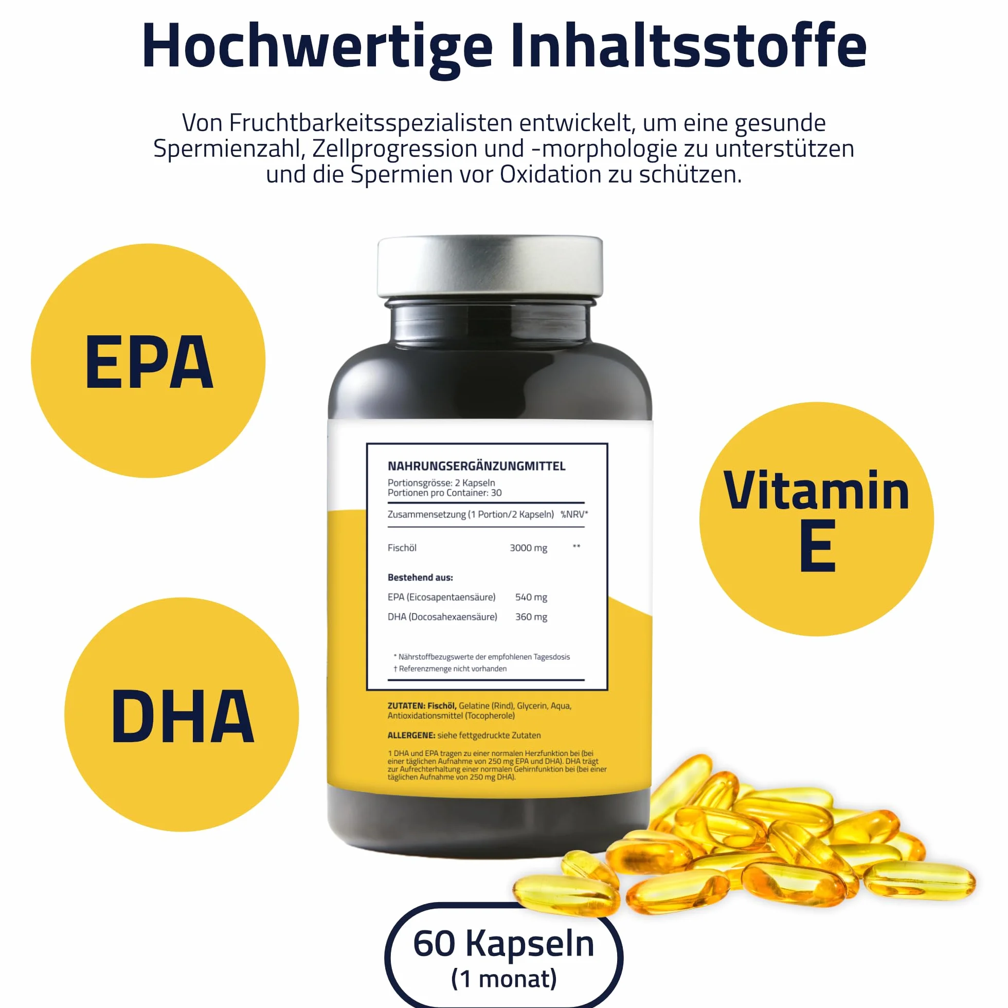 Health Test nasienia do domu + Omega 3 kapsułki, wysoka dawka – test płodności dla mężczyzn z olejem rybnym premium – wspomaga jakość nasienia i hormony – 2 testy + 60 miękkich żeli