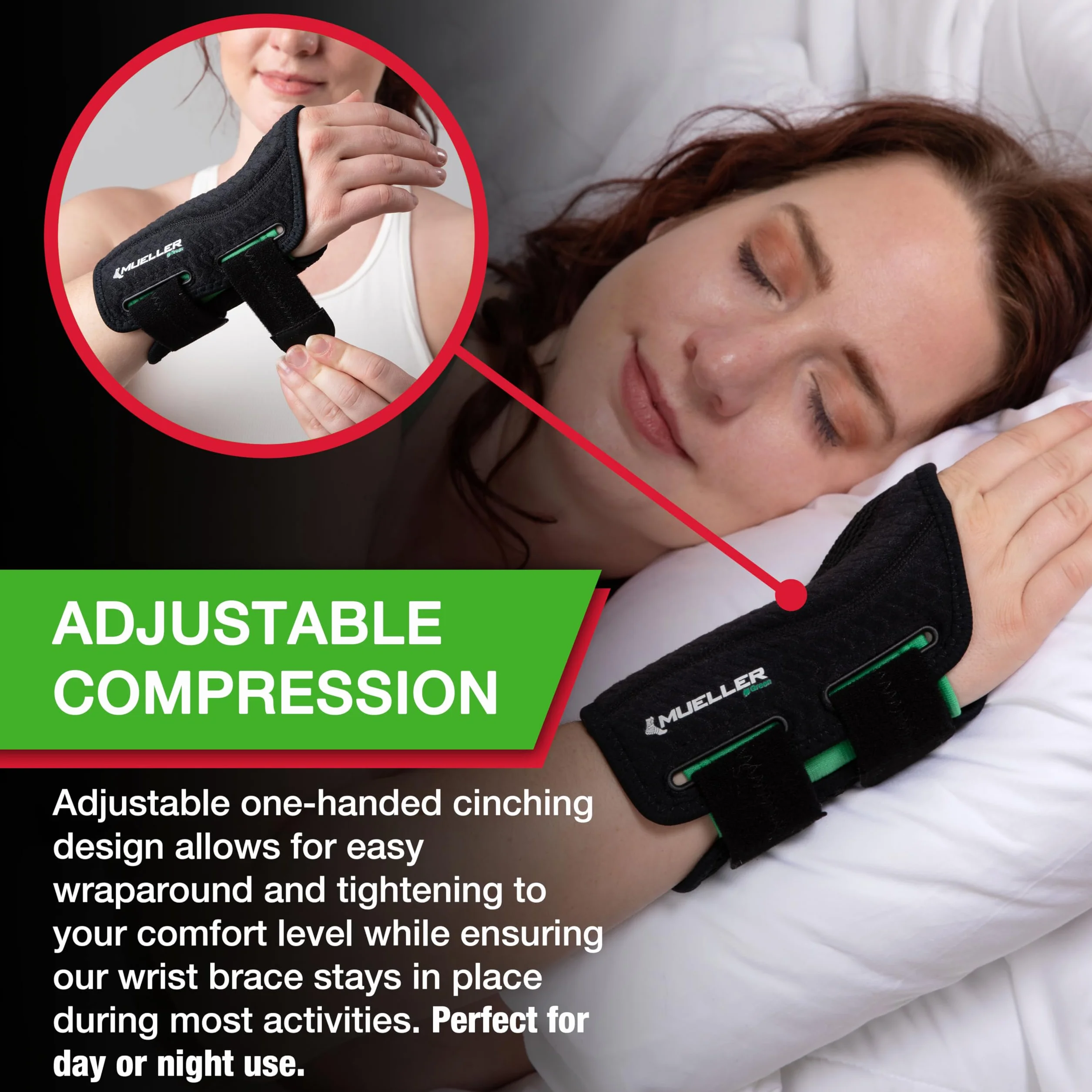 Mueller Greenline Fitted Wrist Brace, bandaż na nadgarstek, czarny, rozmiar S/M po prawej stronie