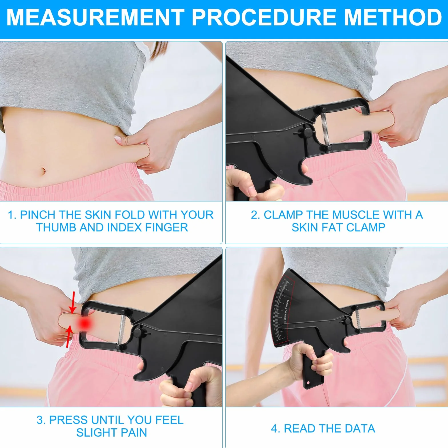 Caliper szczypce do pomiaru tkanki tłuszczowej, szczypce do pomiaru tkanki tłuszczowej 0-80 mm, grubość fałd skóry, z wyraźną skalą i dużą siłą sprężyny, pomiar zawartości tkanki tłuszczowej, dla