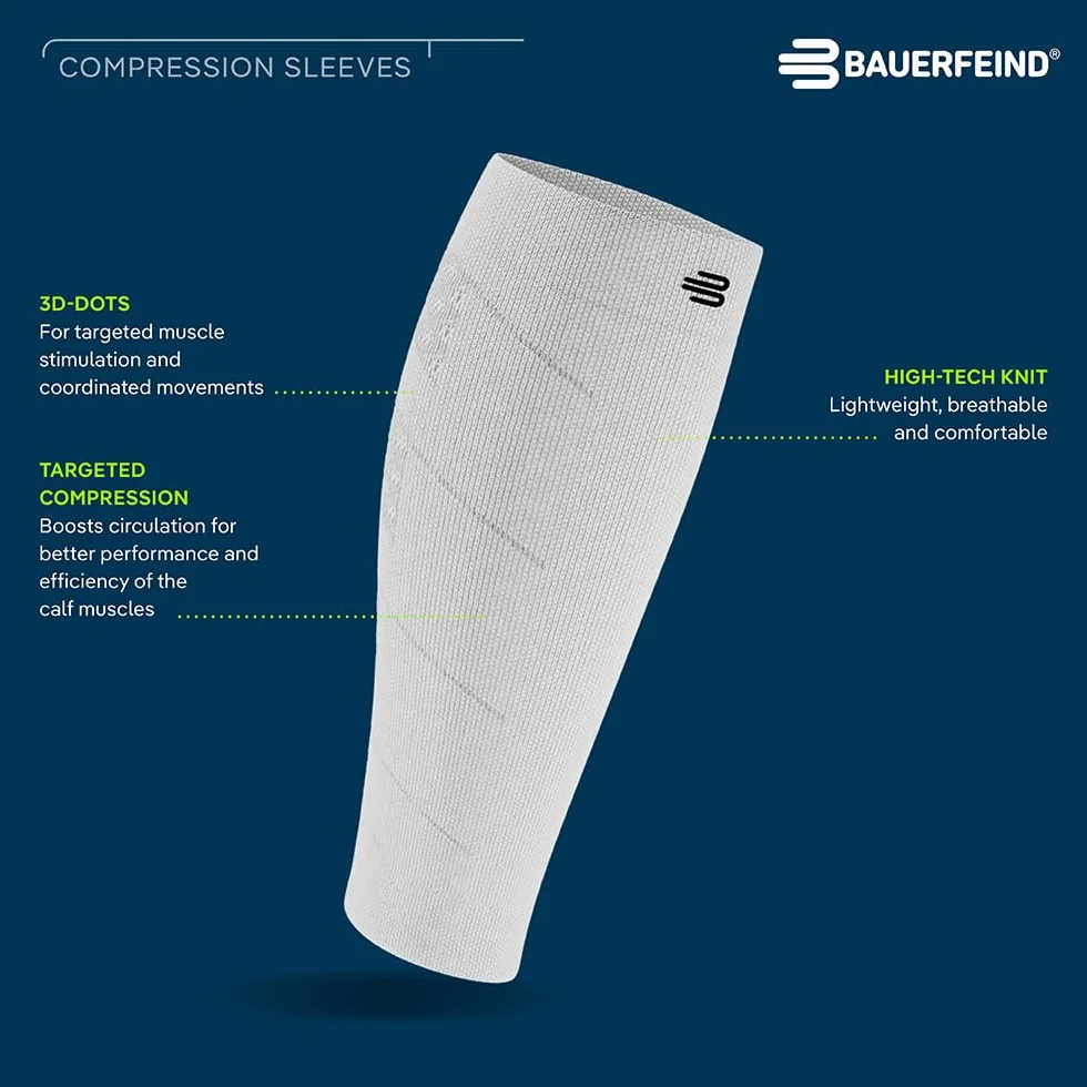 BAUERFEIND Waden Sleeves "Run Performance Compression Sleeve", 1 para bandaży na łydki z kompresją i kropkami 3D, ocieplacze na nogi
