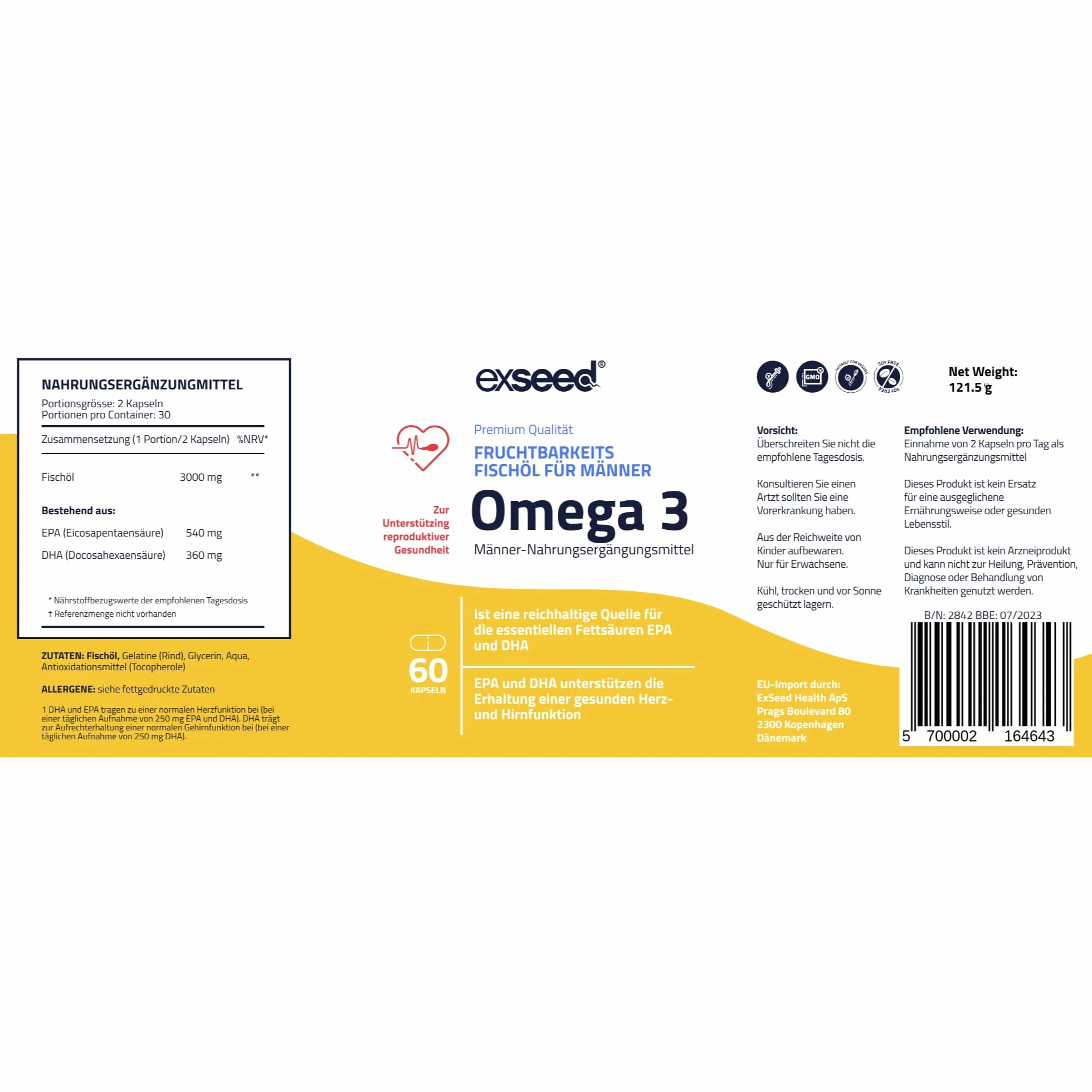 Health Test nasienia do domu + Omega 3 kapsułki, wysoka dawka – test płodności dla mężczyzn z olejem rybnym premium – wspomaga jakość nasienia i hormony – 2 testy + 60 miękkich żeli