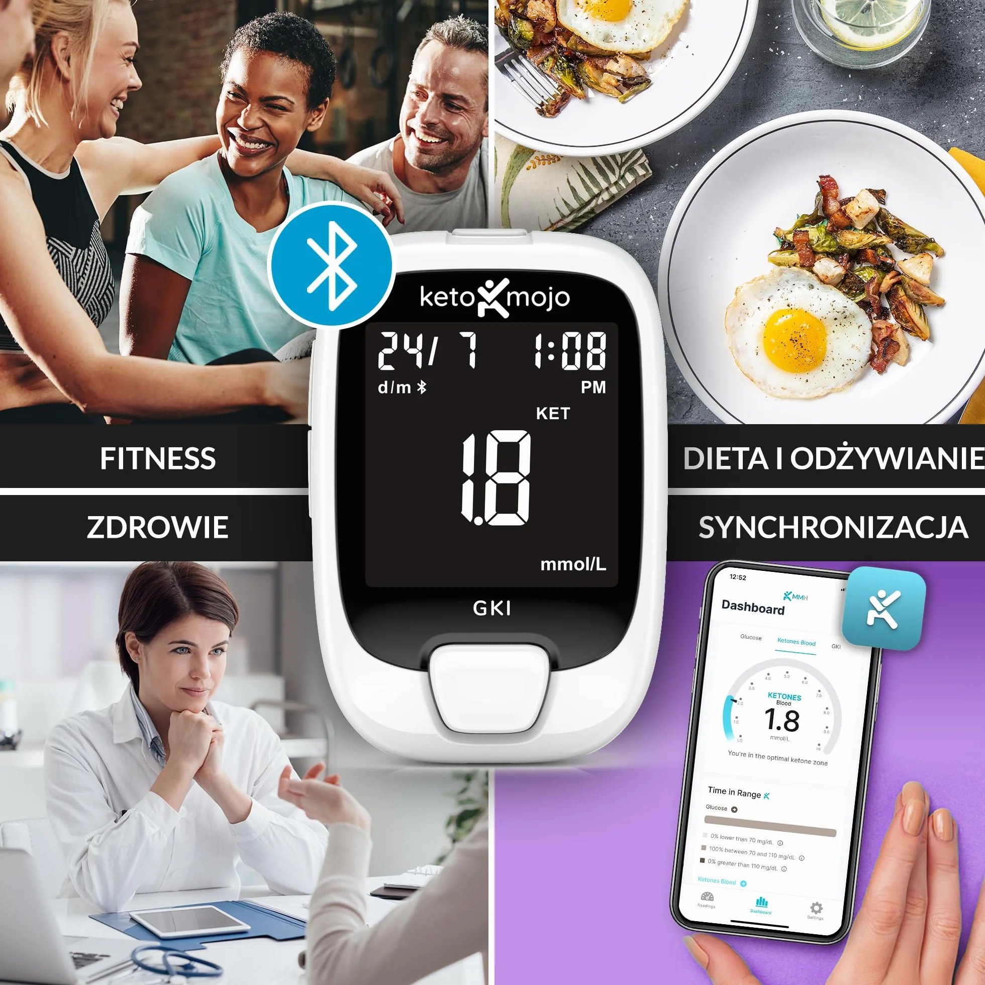KETO-MOJO GKI Zestaw do pomiaru glukozy i ketonów Bluetooth (mg/dl) + bezpłatna aplikacja do monitorowania ketozy i cukrzycy – 20 pasków testowych (po 10), urządzenie pomiarowe, 20 igieł, urządzenie
