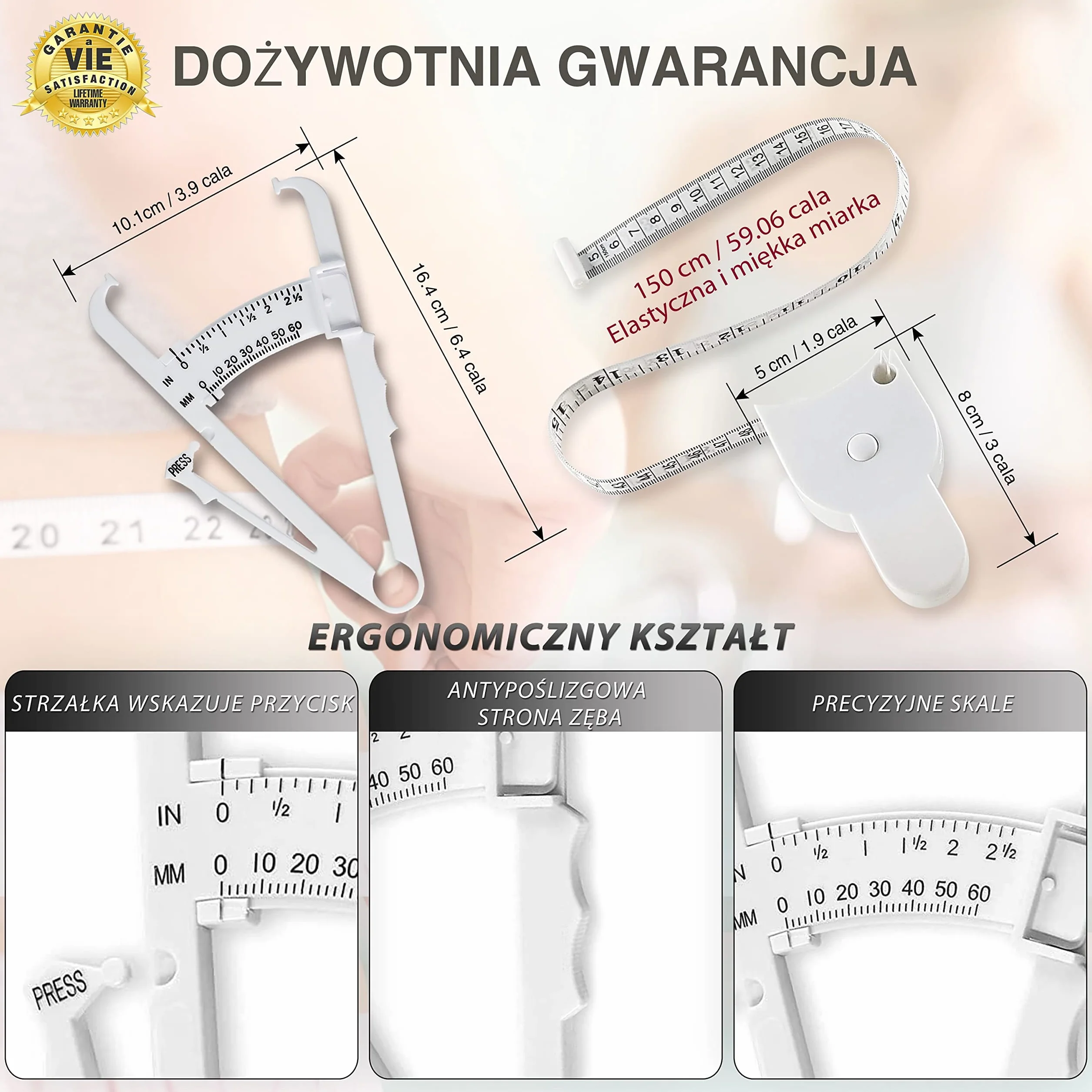 Zestaw do Pomiaru Tkanki Tłuszczowej ✮DOŻYWOTNIA GWARANCJA✮ - Fałdomierz - Kaliper - Przyrząd do Pomiaru - Kontrola Wagi Ciała - Szybki i Dokładny Pomiar Poziomu Tłuszczu w Organizmie