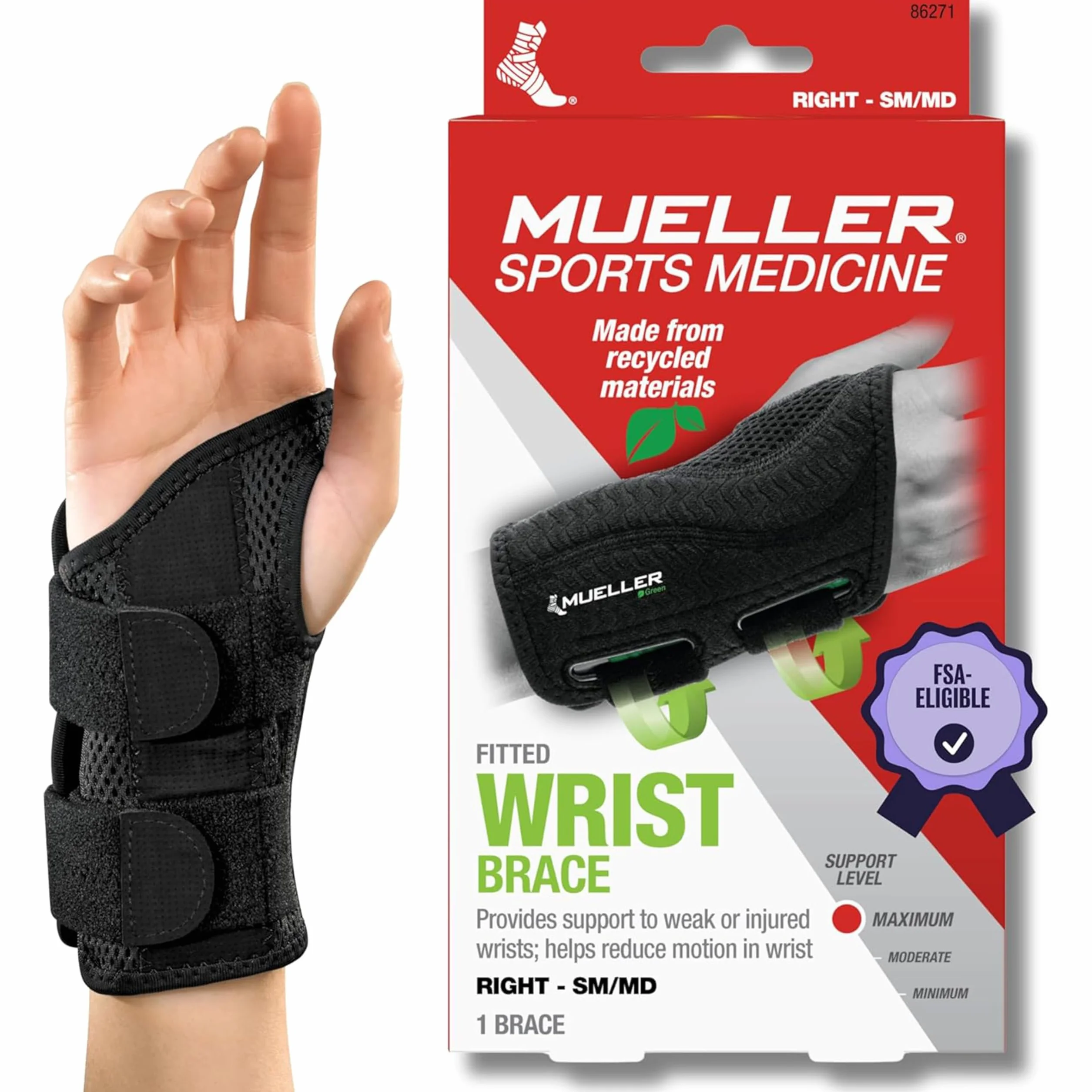 Mueller Greenline Fitted Wrist Brace, bandaż na nadgarstek, czarny, rozmiar S/M po prawej stronie