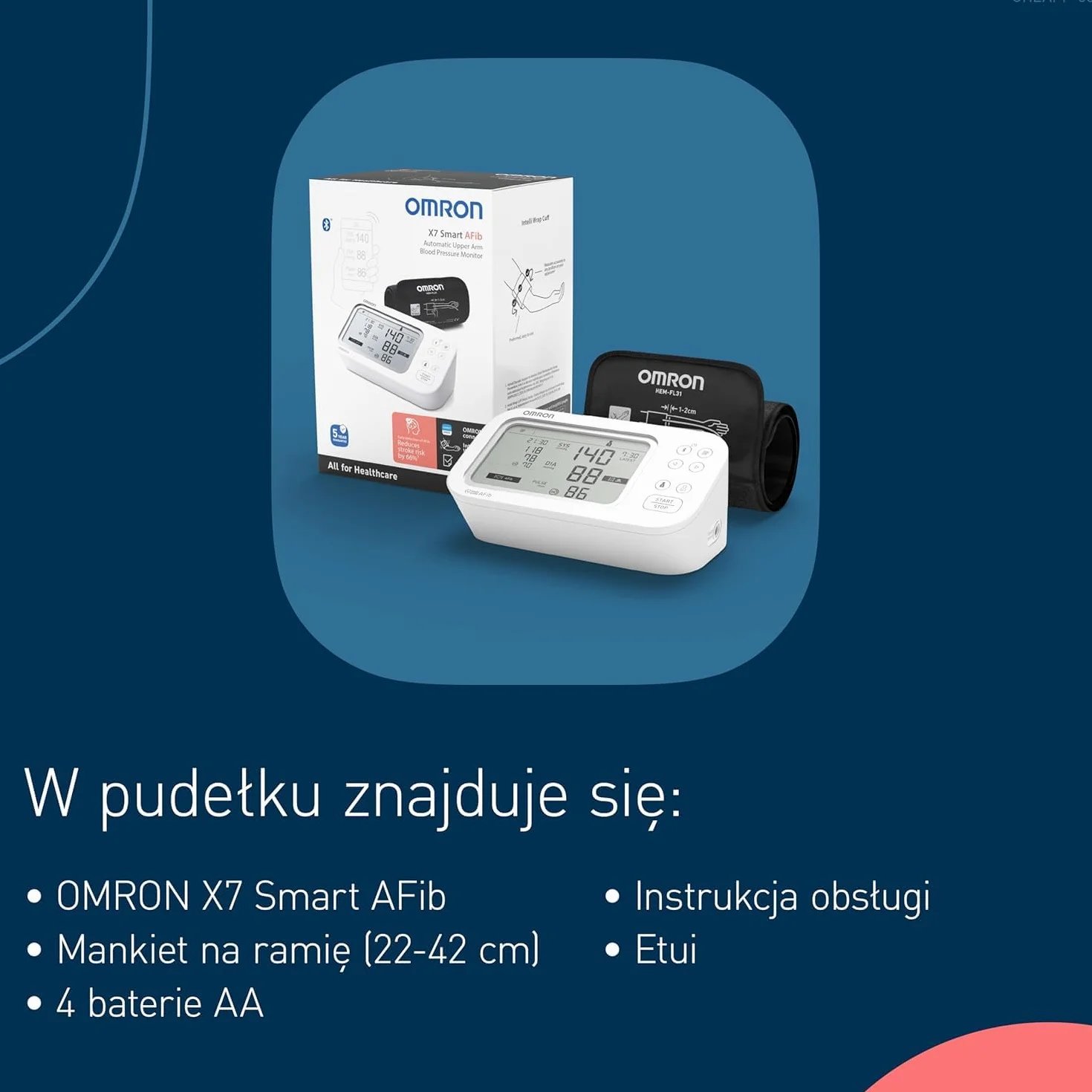 Ciśnieniomierz OMRON X7 Smart AFib | Wykrywanie migotania przedsionków przy każdej kontroli ciśnienia krwi w domu | Potwierdzone klinicznie, w tym ciąża i cukrzyca | Mankiet Intelli Wrap 22-42 cm