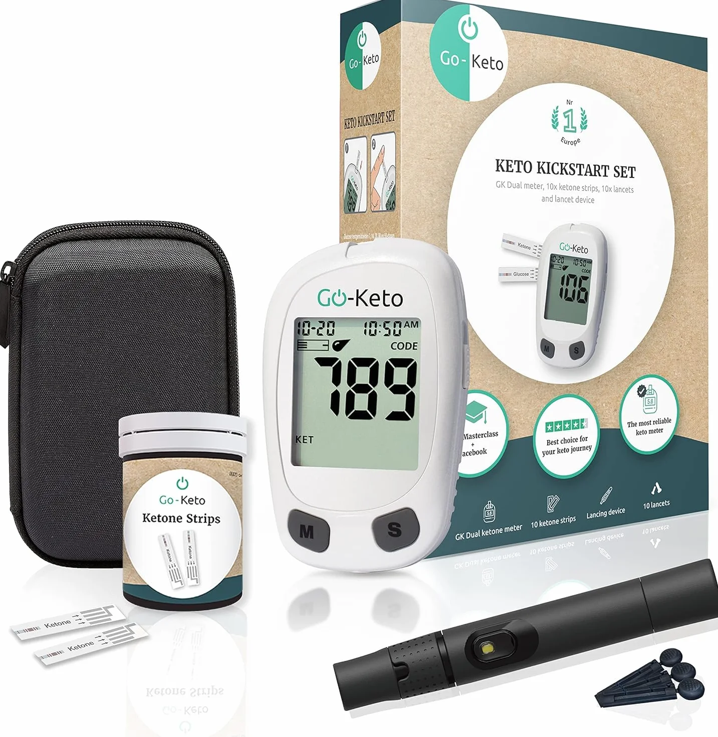 Go-Keto Keton Kickstart Set (mmol/l) - Miernik ketonowy, paski testowe ketonowe & Akcesoria w zestawie, Keto Meter dla udanej diety Keto, Keton sprawdzić w domu i na drodze
