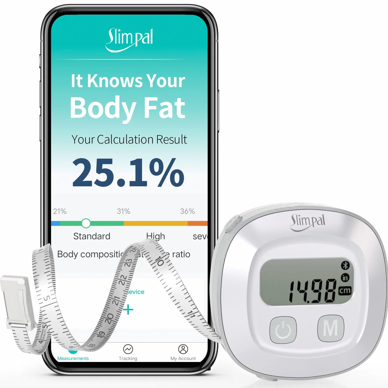 Slimpal Inteligentna taśma miernicza do pomiaru tkanki tłuszczowej Bluetooth, pomiar bicepsów, klatki piersiowej, bioder, łydek, ud i karku, taśma miernicza do fitnessu
