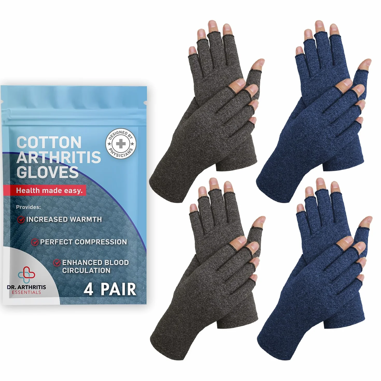 Dr. Arthritis Essentials rękawice na zapalenie stawów, rękawice kompresyjne do cieśni nadgarstka i Raynaud's, orteza dłoni (szaro-granatowe, rozmiar L)