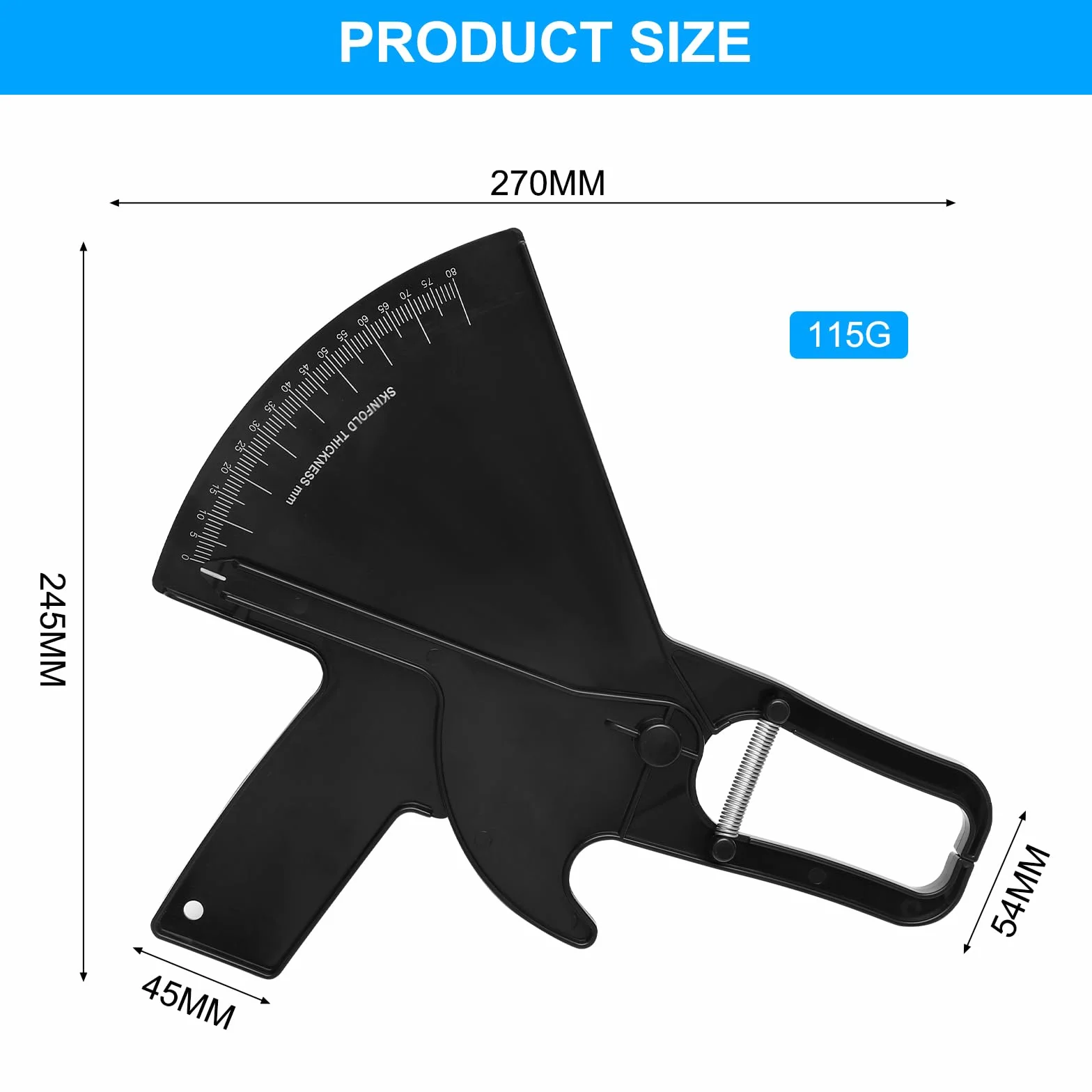 Caliper szczypce do pomiaru tkanki tłuszczowej, szczypce do pomiaru tkanki tłuszczowej 0-80 mm, grubość fałd skóry, z wyraźną skalą i dużą siłą sprężyny, pomiar zawartości tkanki tłuszczowej, dla