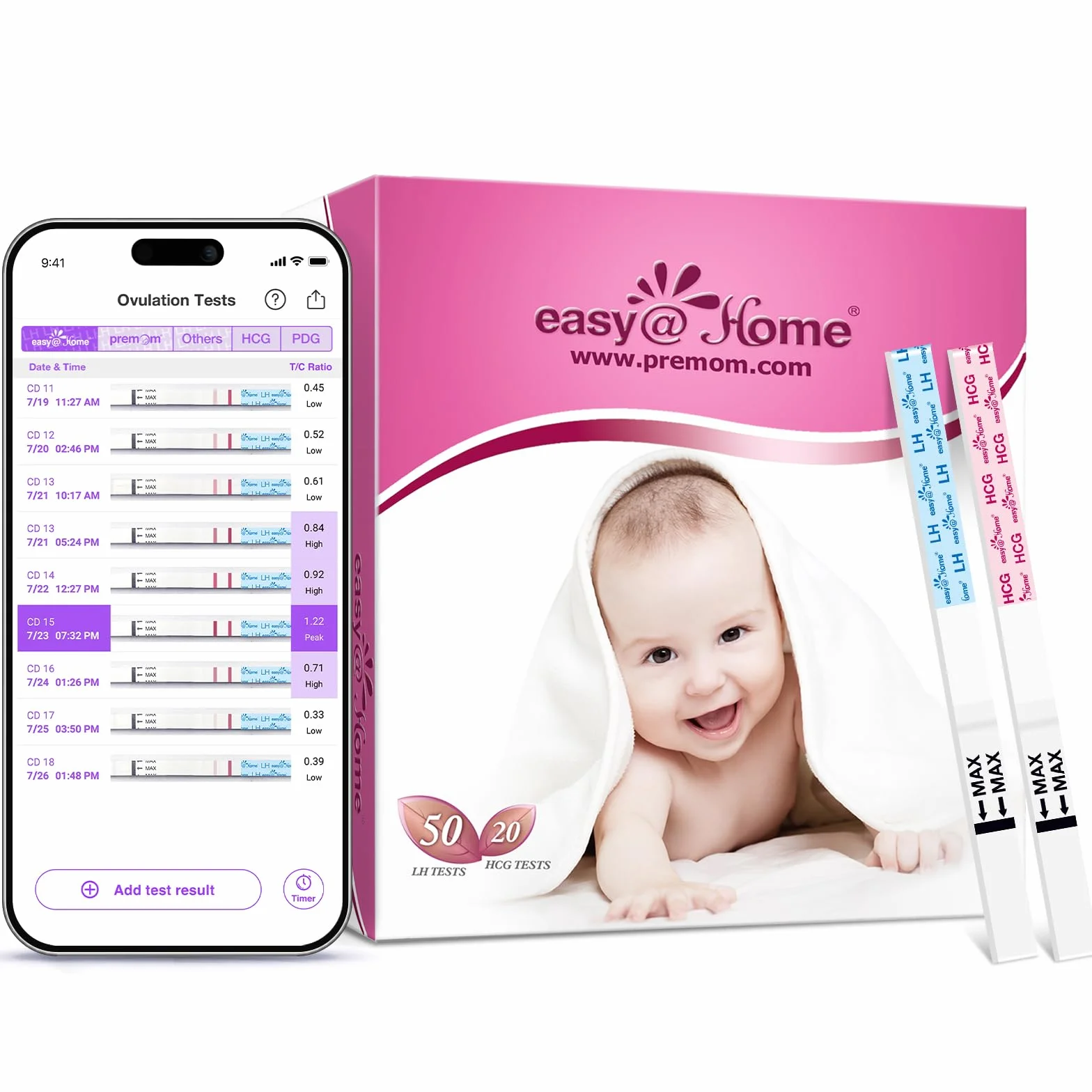 Easy@Home Test owulacyjny, 50 pasków testowych LH 25 mIU/ml, 20 testów ciążowych 10 mIU/ml – precyzyjny monitoring płodności z aplikacją Premom