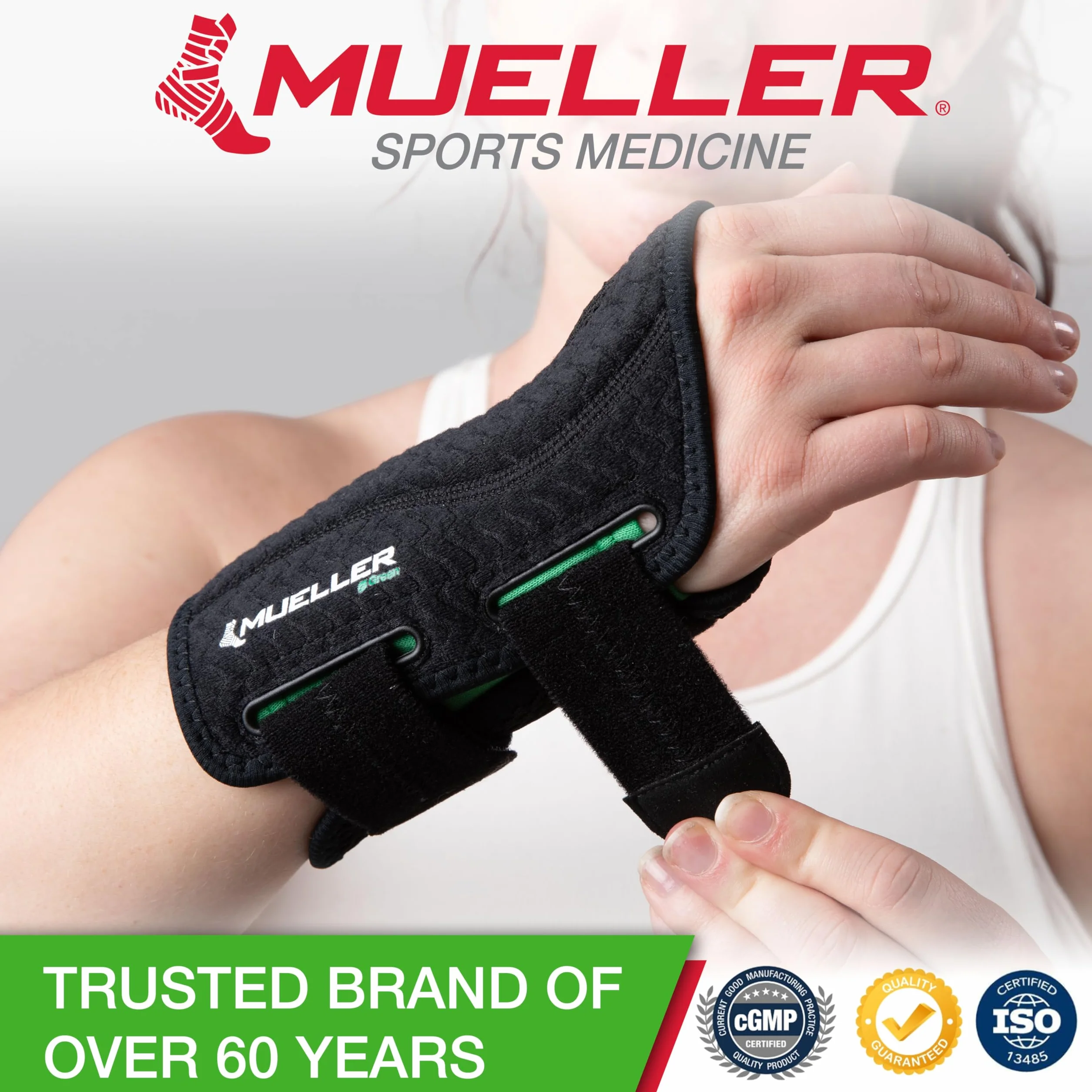 Mueller Greenline Fitted Wrist Brace, bandaż na nadgarstek, czarny, rozmiar S/M po prawej stronie