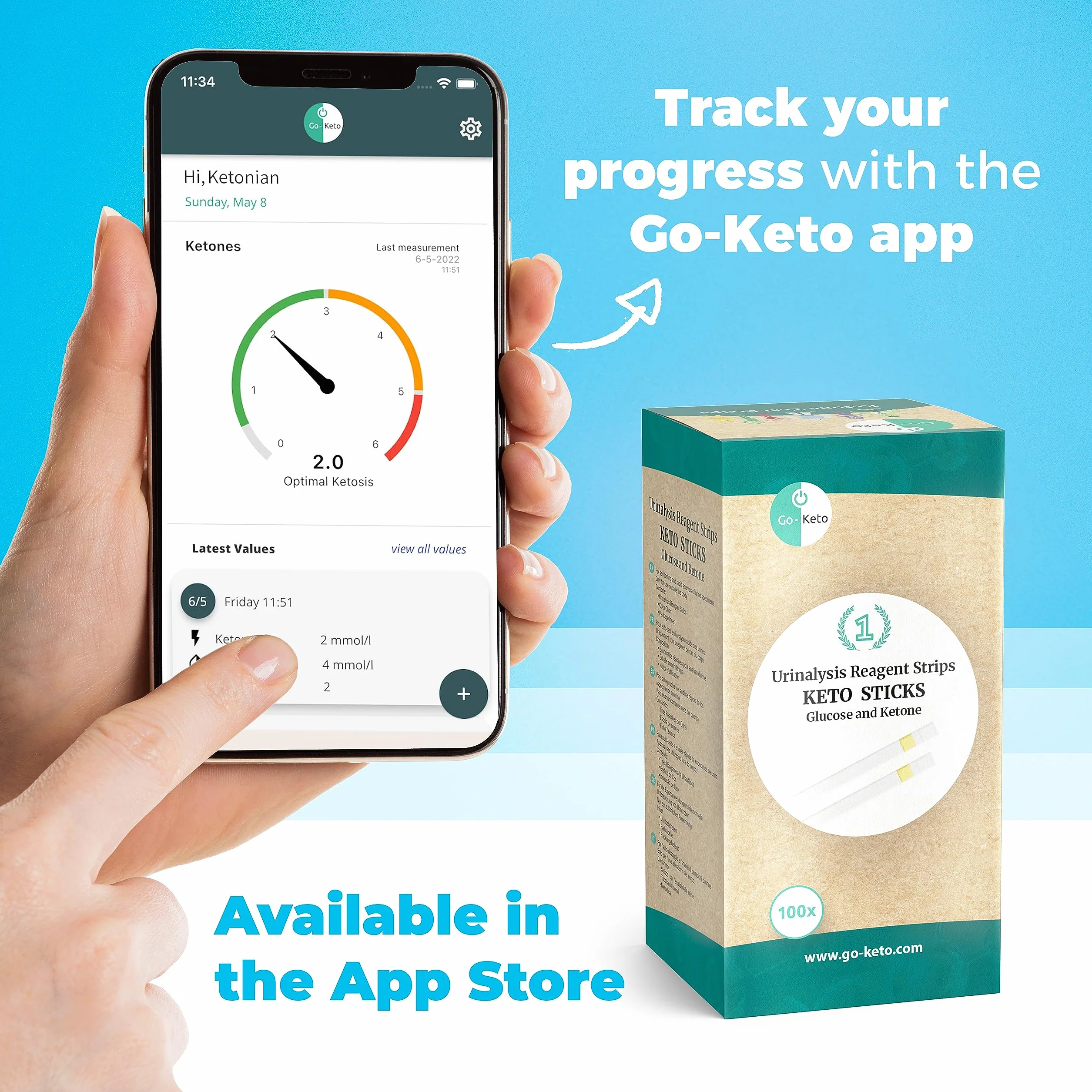 Go-Keto Keto Sticks 100 sztuk - Paski testowe do badania moczu na glukozę + ketony do łatwego pomiaru w domu, idealne jako uzupełnienie diety keto.
