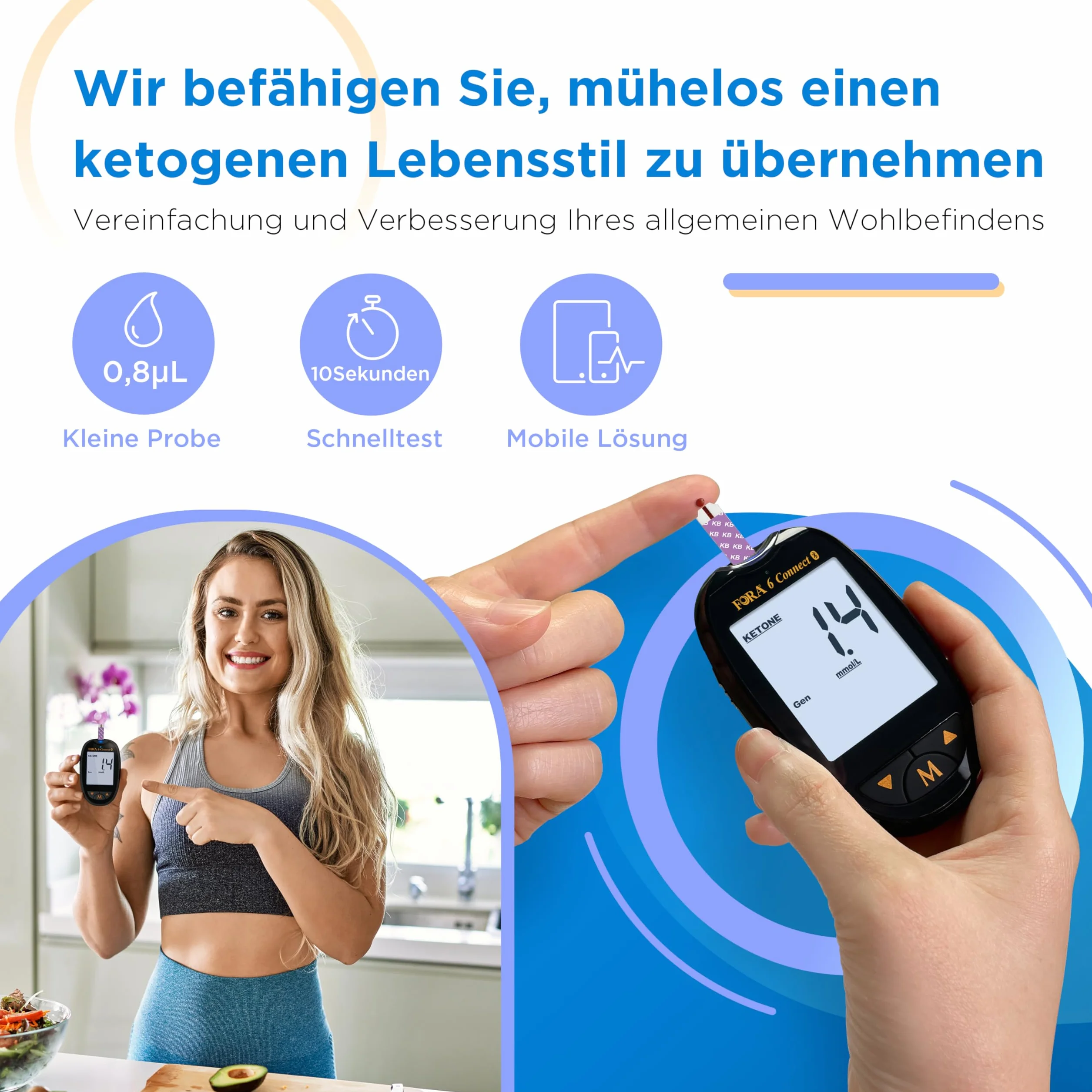FORA 6 różnych parametrów Connect (mg/dl) i 10 pasków testowych ketonowych. Z Bluetooth i aplikacją