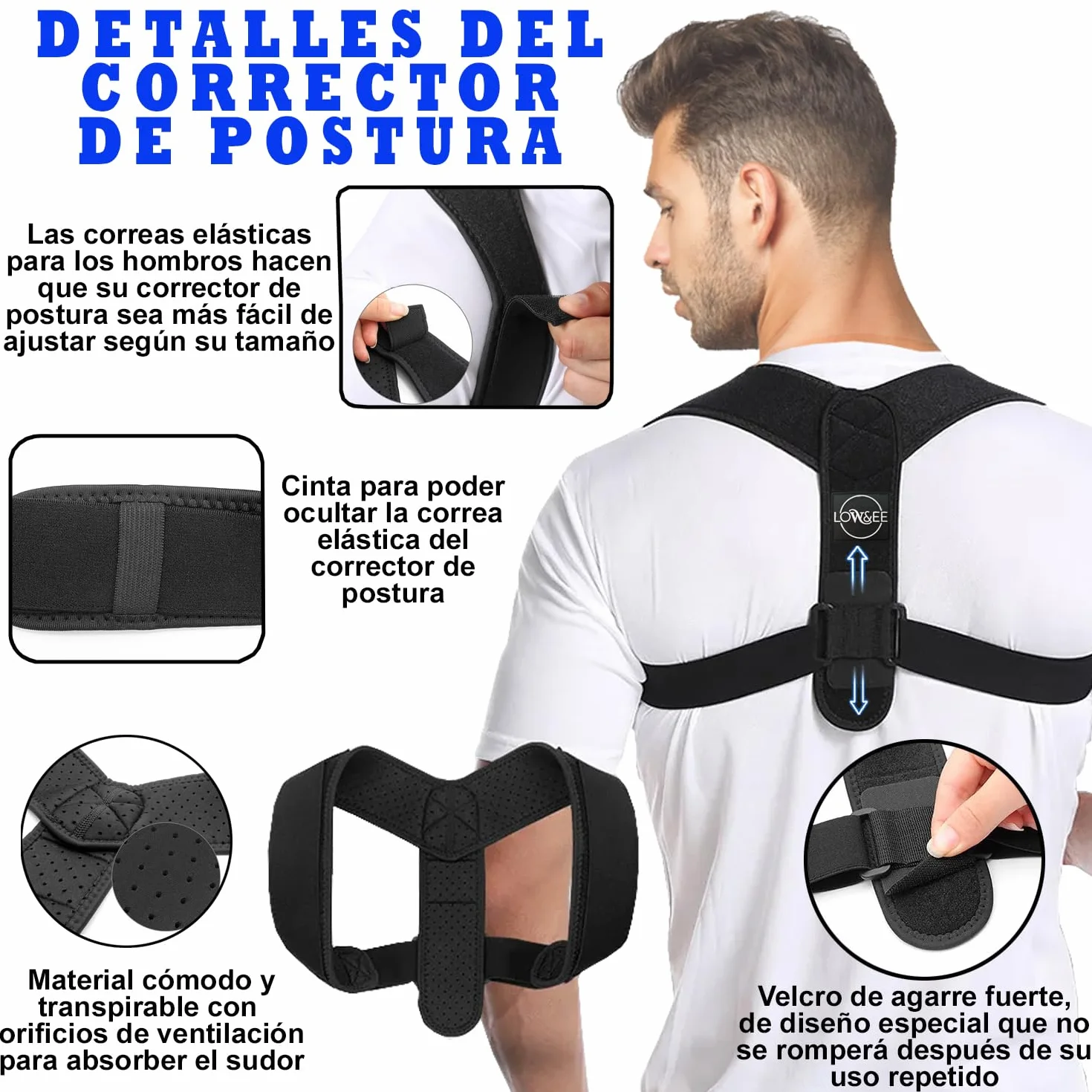 LOW&EE Korektor postawy Regulowany tył Korektor postawy dla mężczyzn i kobiet - Oddychający korektor pleców zawiera 2 ochraniacze i ergonomiczne podkładki