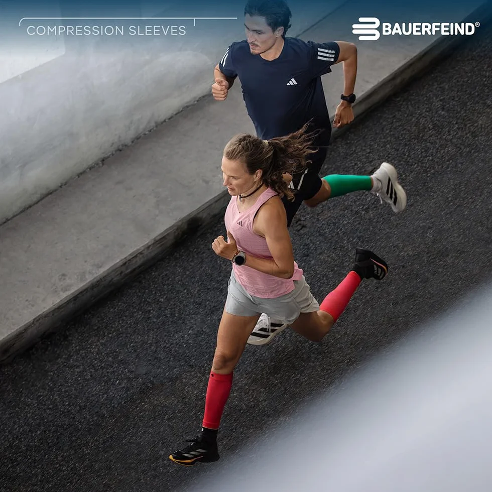 BAUERFEIND Waden Sleeves "Run Performance Compression Sleeve", 1 para bandaży na łydki z kompresją i kropkami 3D, ocieplacze na nogi