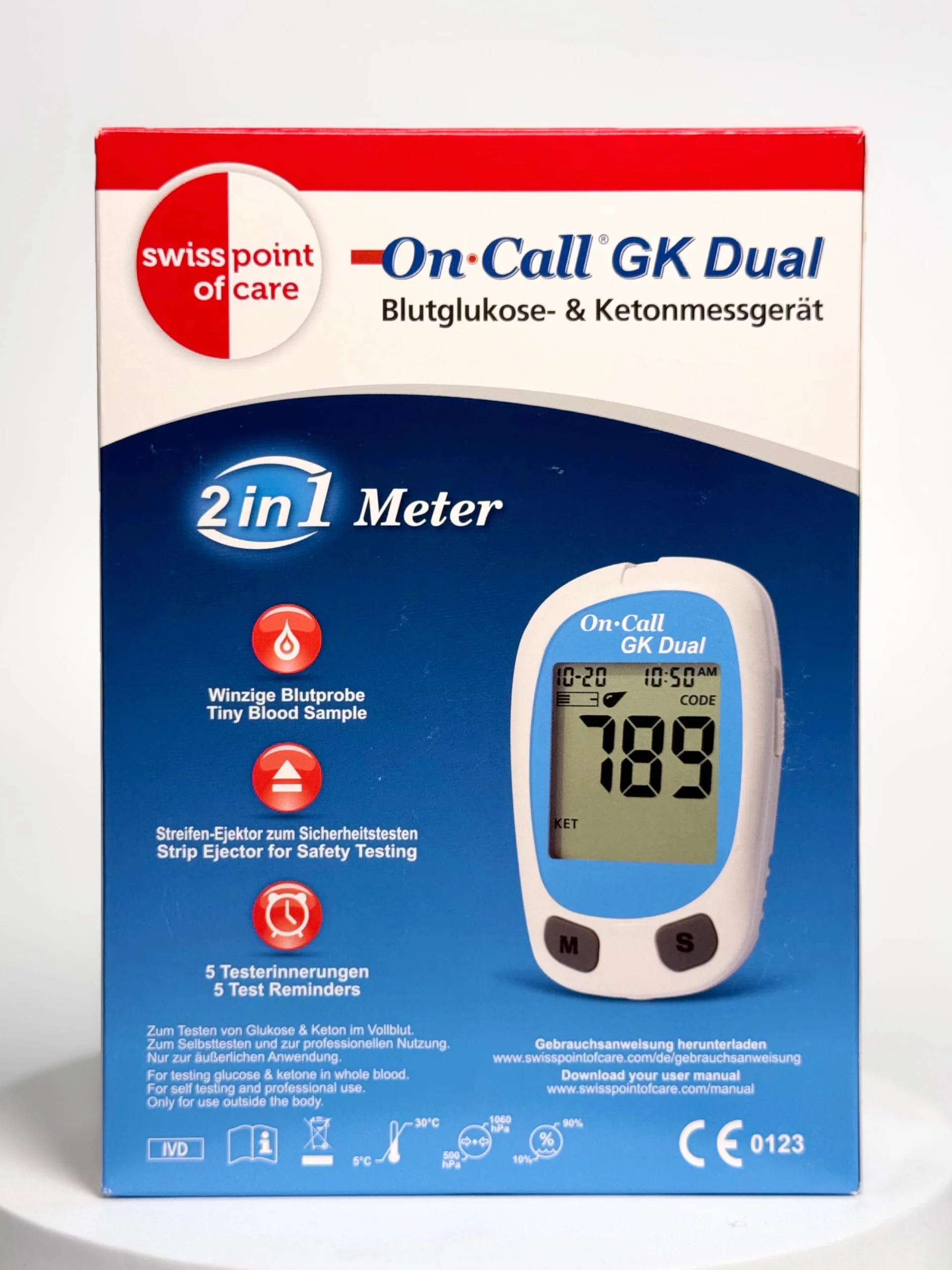 GK Dual Ketone Pack – 1 x GK podwójny miernik (mmol/l) i 1 x paski testowe ketonowe (25 sztuk) w zestawie do pomiaru ketonu; paski testowe glukozy, lancety itp. NIE wchodzą w