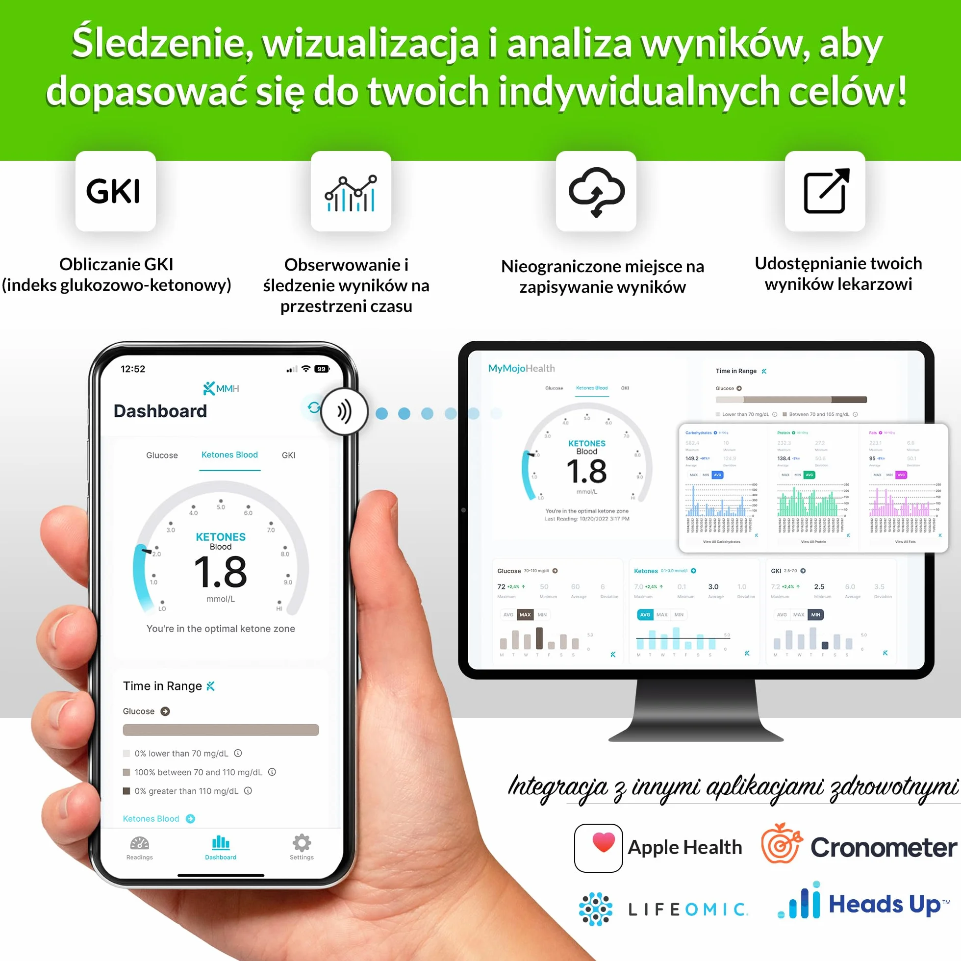 KETO-MOJO GKI Zestaw do pomiaru glukozy i ketonów Bluetooth (mg/dl) + bezpłatna aplikacja do monitorowania ketozy i cukrzycy – 20 pasków testowych (po 10), urządzenie pomiarowe, 20 igieł, urządzenie