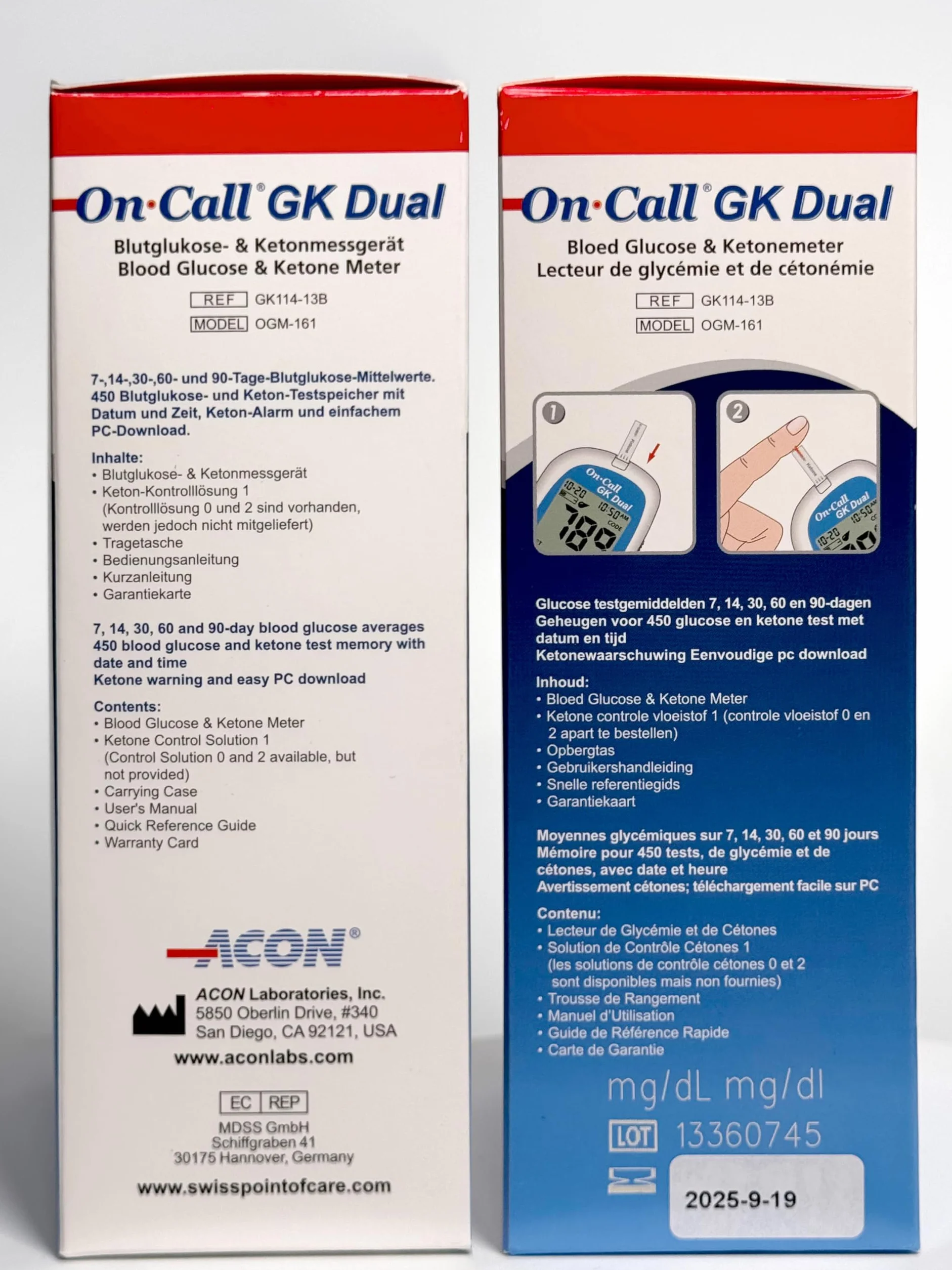 GK Dual Ketone Pack – 1 x GK podwójny miernik (mmol/l) i 1 x paski testowe ketonowe (25 sztuk) w zestawie do pomiaru ketonu; paski testowe glukozy, lancety itp. NIE wchodzą w