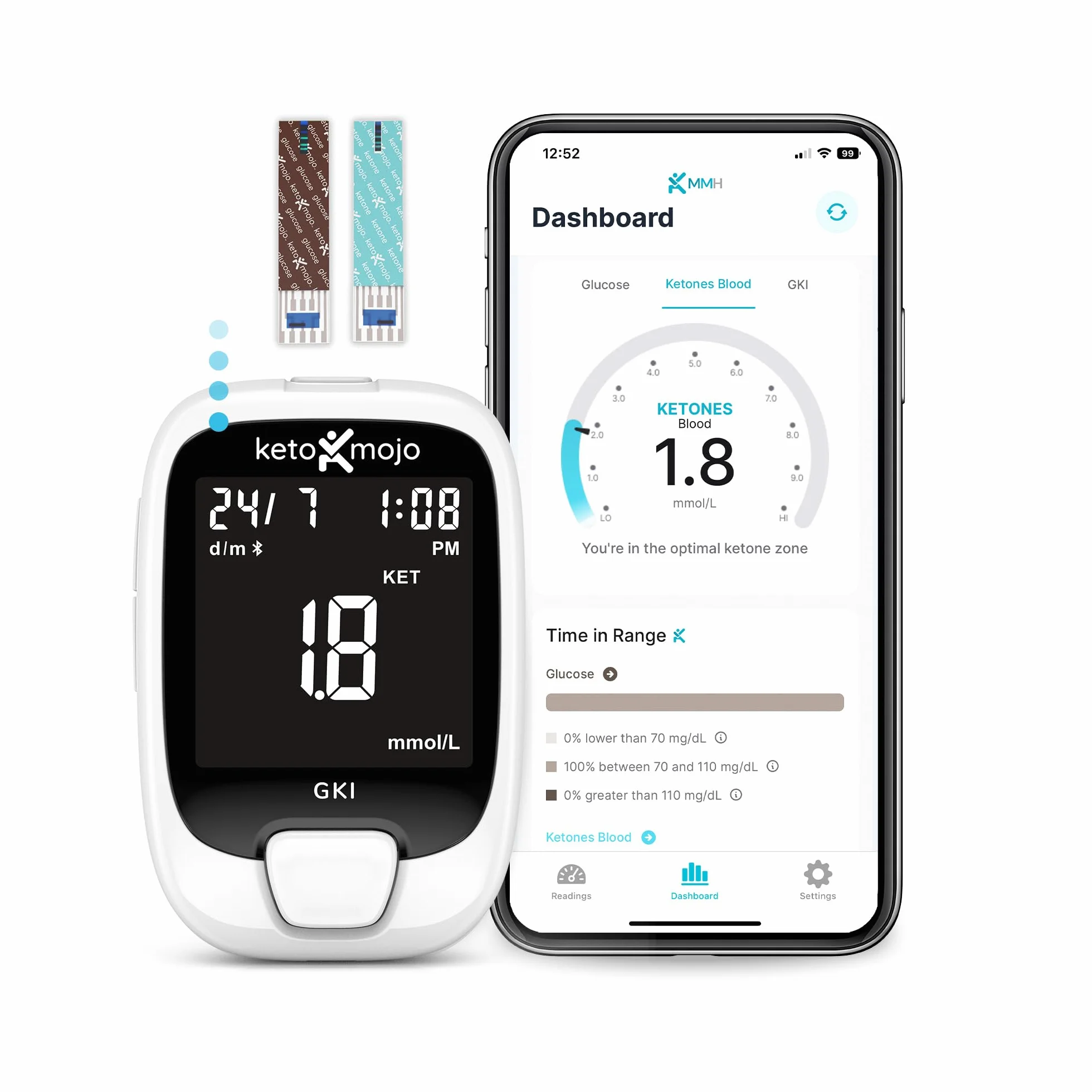 KETO-MOJO GKI Zestaw do pomiaru glukozy i ketonów Bluetooth (mg/dl) + bezpłatna aplikacja do monitorowania ketozy i cukrzycy – 20 pasków testowych (po 10), urządzenie pomiarowe, 20 igieł, urządzenie