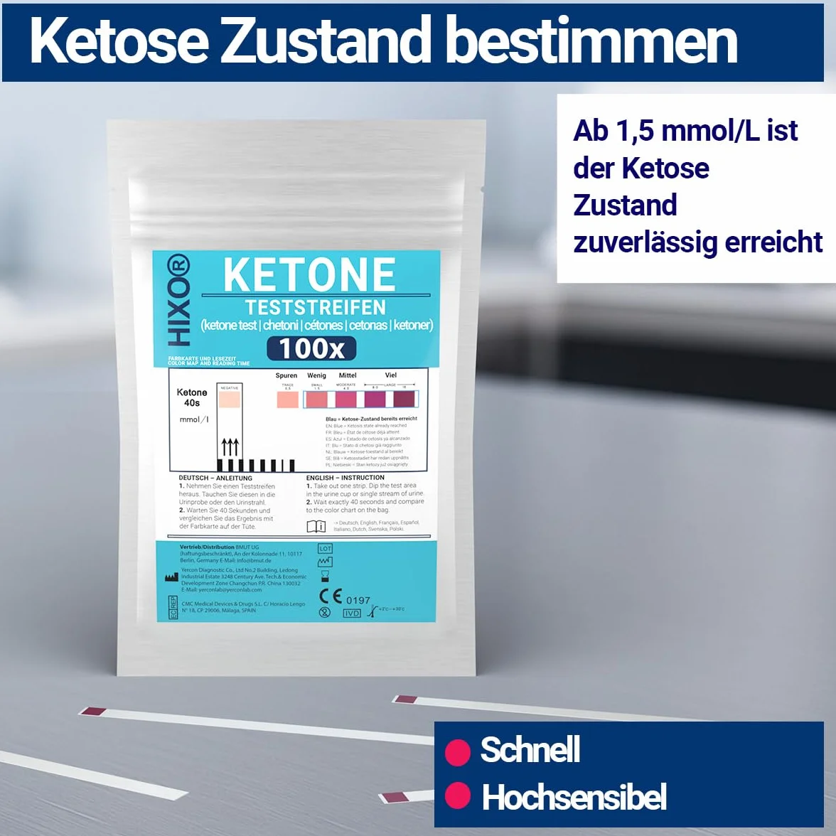 100 x paski testowe ketonowe – test ketonowy na stan ketozy w moczu – szybki i precyzyjny pomiar diety ketonowej, diety niskowęglowodanowej i ketogenicznej