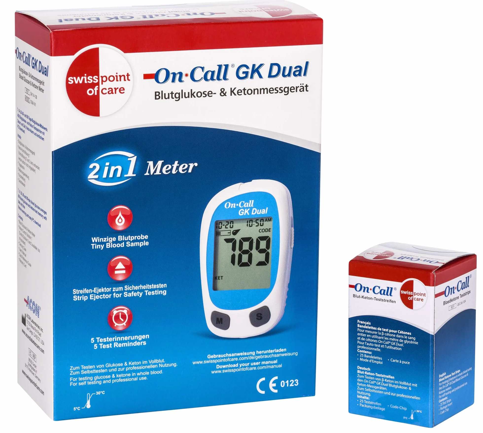 GK Dual Ketone Pack – 1 x GK podwójny miernik (mmol/l) i 1 x paski testowe ketonowe (25 sztuk) w zestawie do pomiaru ketonu; paski testowe glukozy, lancety itp. NIE wchodzą w