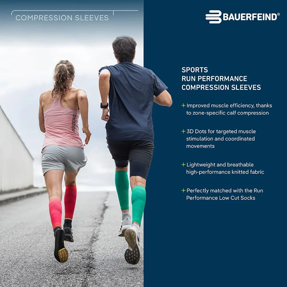 BAUERFEIND Waden Sleeves "Run Performance Compression Sleeve", 1 para bandaży na łydki z kompresją i kropkami 3D, ocieplacze na nogi