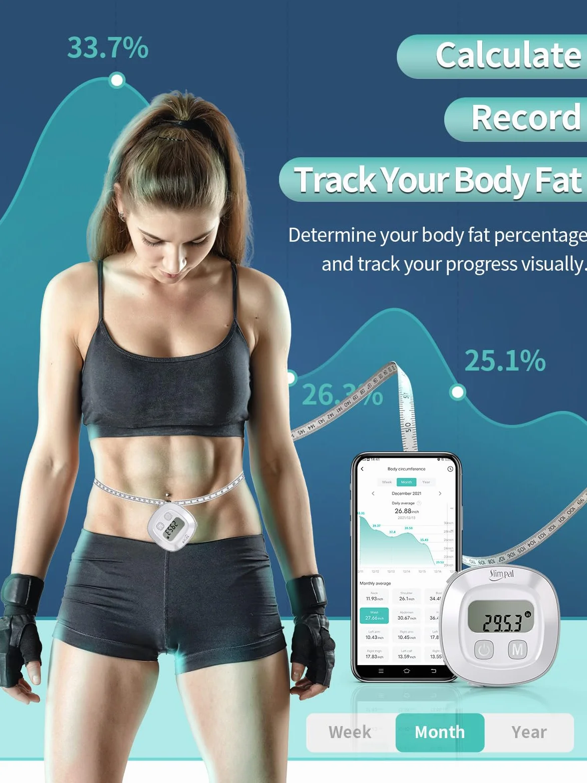 Slimpal Inteligentna taśma miernicza do pomiaru tkanki tłuszczowej Bluetooth, pomiar bicepsów, klatki piersiowej, bioder, łydek, ud i karku, taśma miernicza do fitnessu