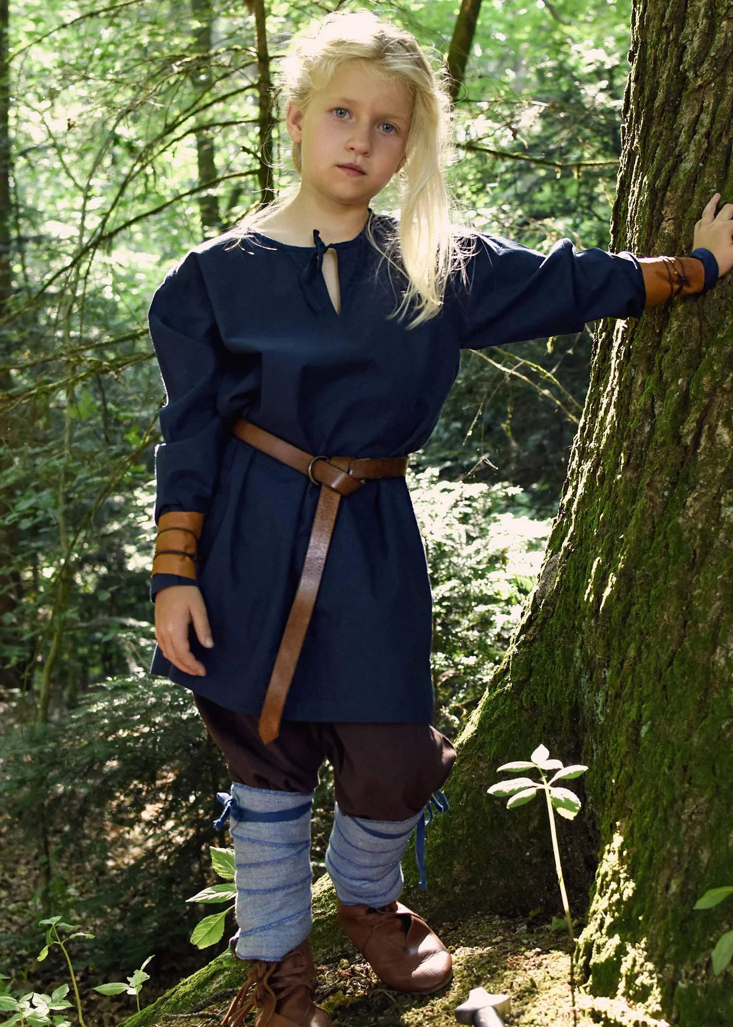 Battle-Merchant Średniowieczna chusta na łydki dla dzieci, para, ze wzorem w jodełkę, do średniowiecznych spodni lub spodni Wikingów, bawełna, owijka na nogi, Wikingowie, LARP, brązowa/naturalna