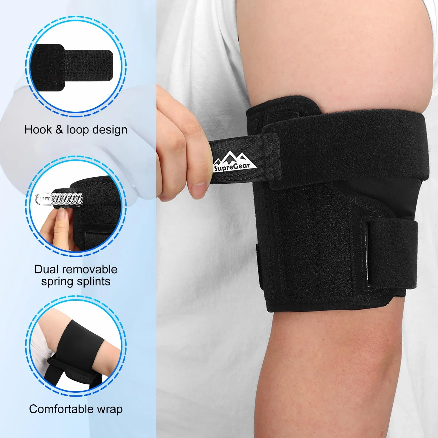 supregear Opaska na Tendinitis Bicepsa, Rękaw Kompresyjny na Wsparcie, Wygodna Opaska na Górną Część Ramienia do Tricepsa i Bicepsa w Celu Łagodzenia Bólu, Naciągnięć Mięśni i Zapalenia (Czarny, M)