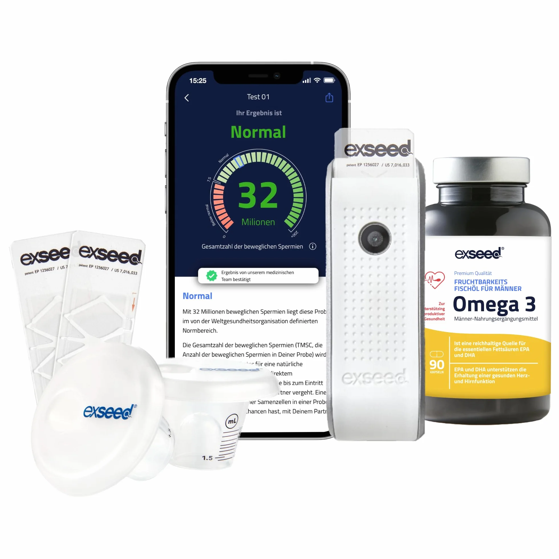 Health Test nasienia do domu + Omega 3 kapsułki, wysoka dawka – test płodności dla mężczyzn z olejem rybnym premium – wspomaga jakość nasienia i hormony – 2 testy + 60 miękkich żeli